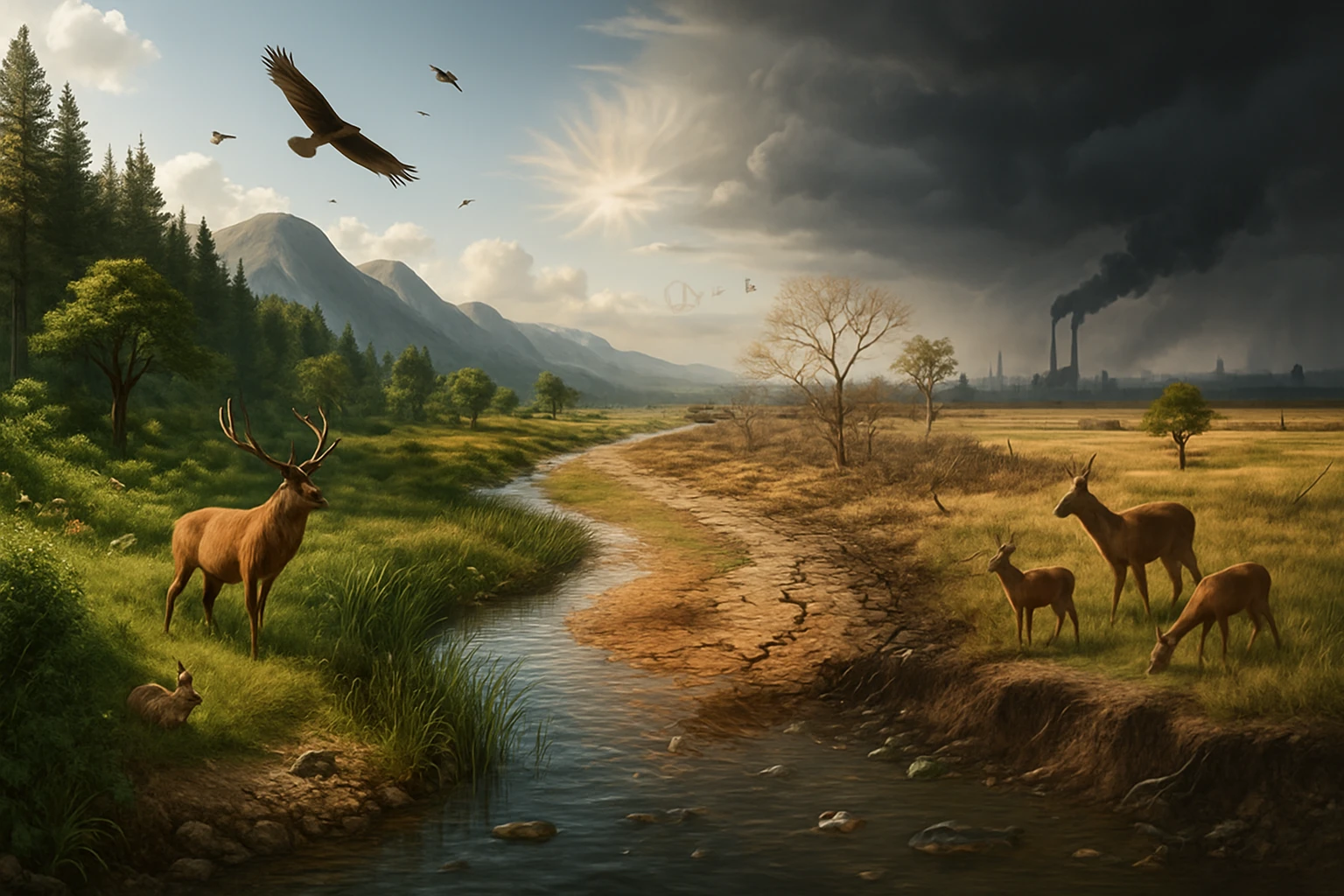 Ökológiai egyensúly és evolúció – hogyan hatnak a környezeti tényezők 4 Egy gyönyörű táj, ahol szarvasok legelésznek egy folyó mellett, háttérben gyár füstje.