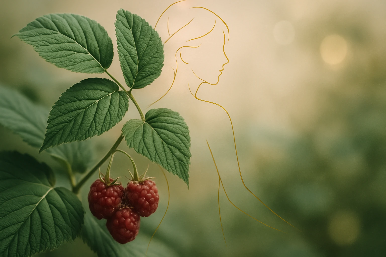 Egy málnaág zöld levelekkel és érett málnákkal, háttérben egy női alak körvonalai.
