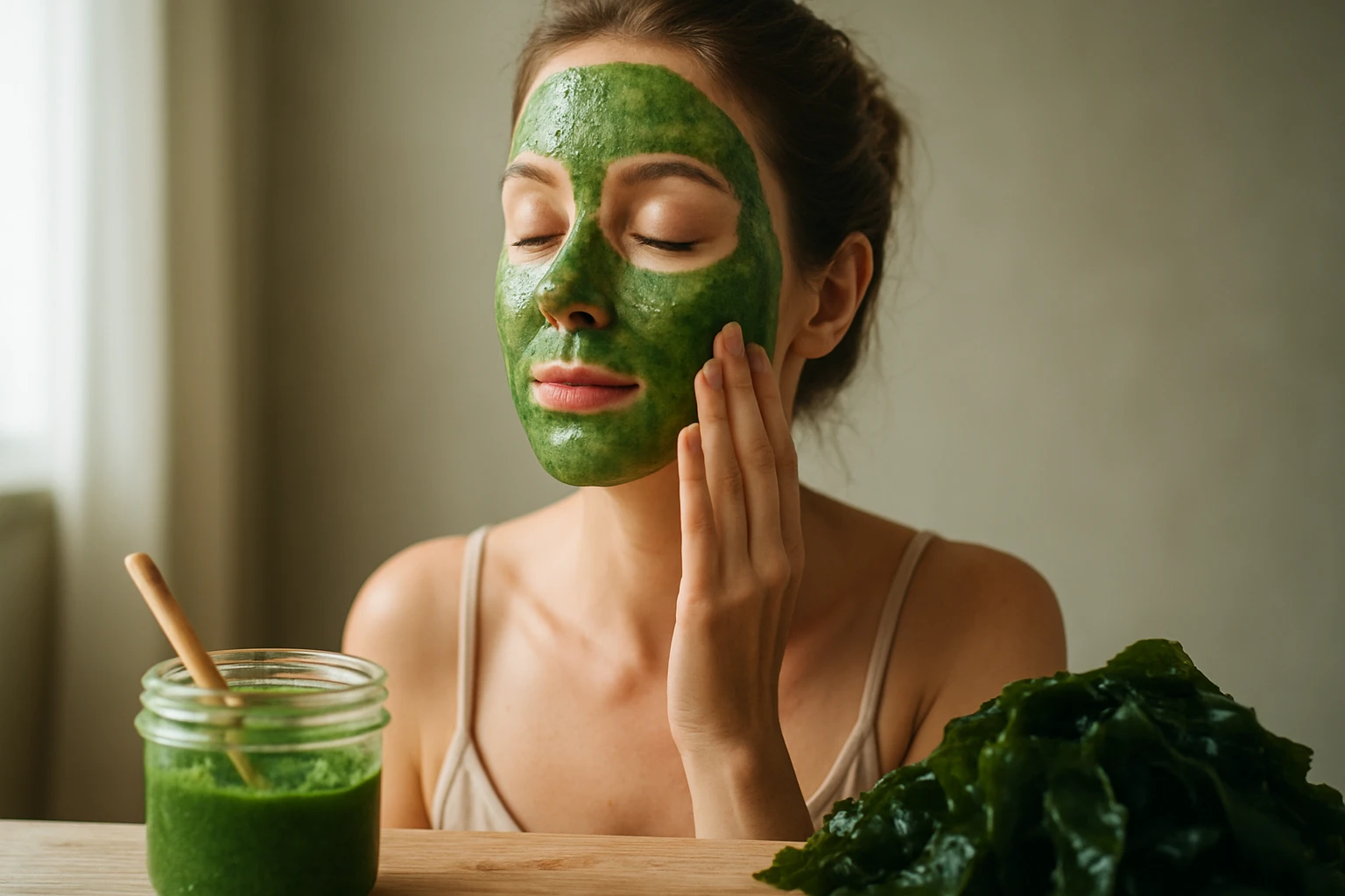 Egy nő zöld algás arcpakolást visel, miközben a bőrére simít.