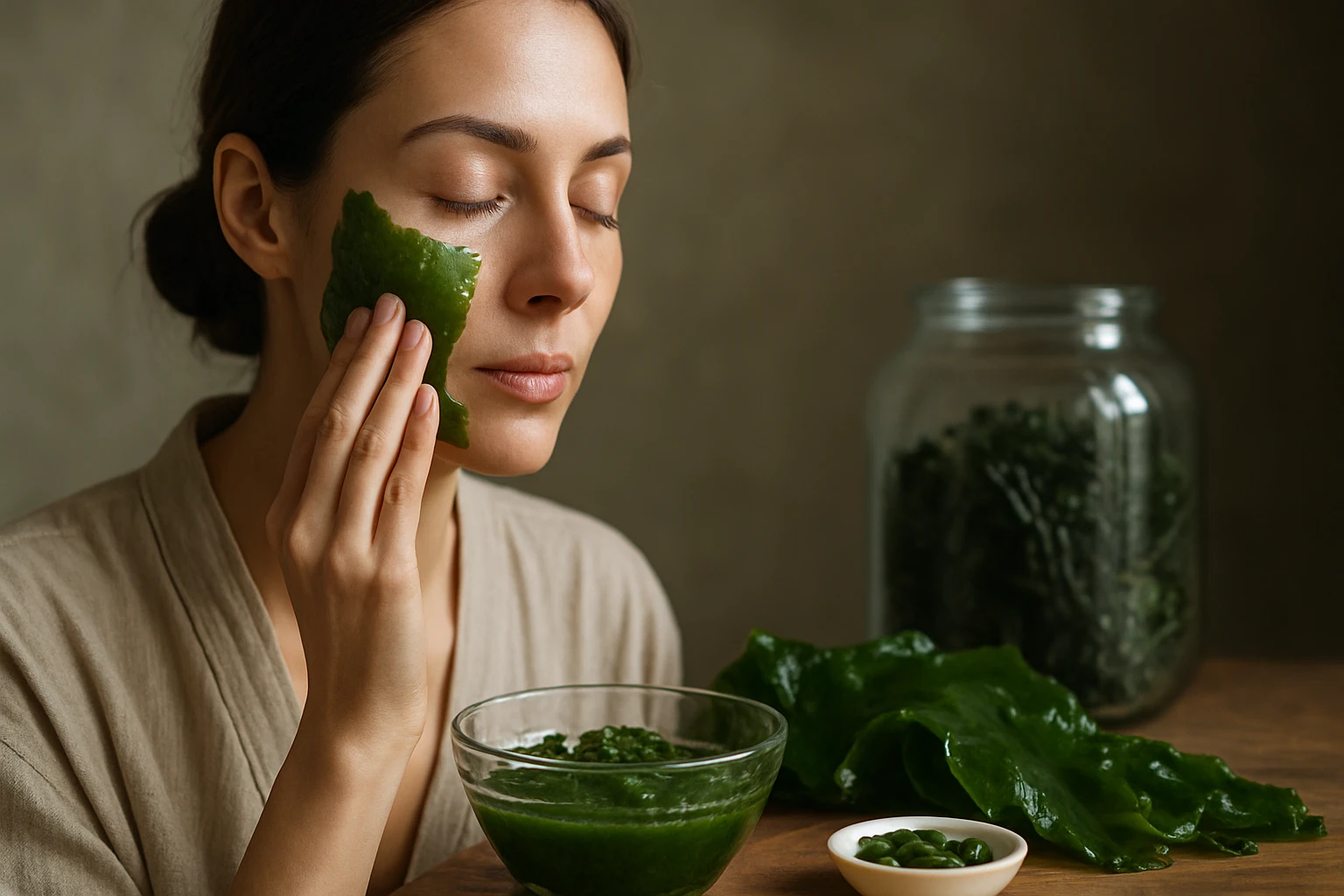 Egy nő algát használ arcpakolásként, miközben relaxál.