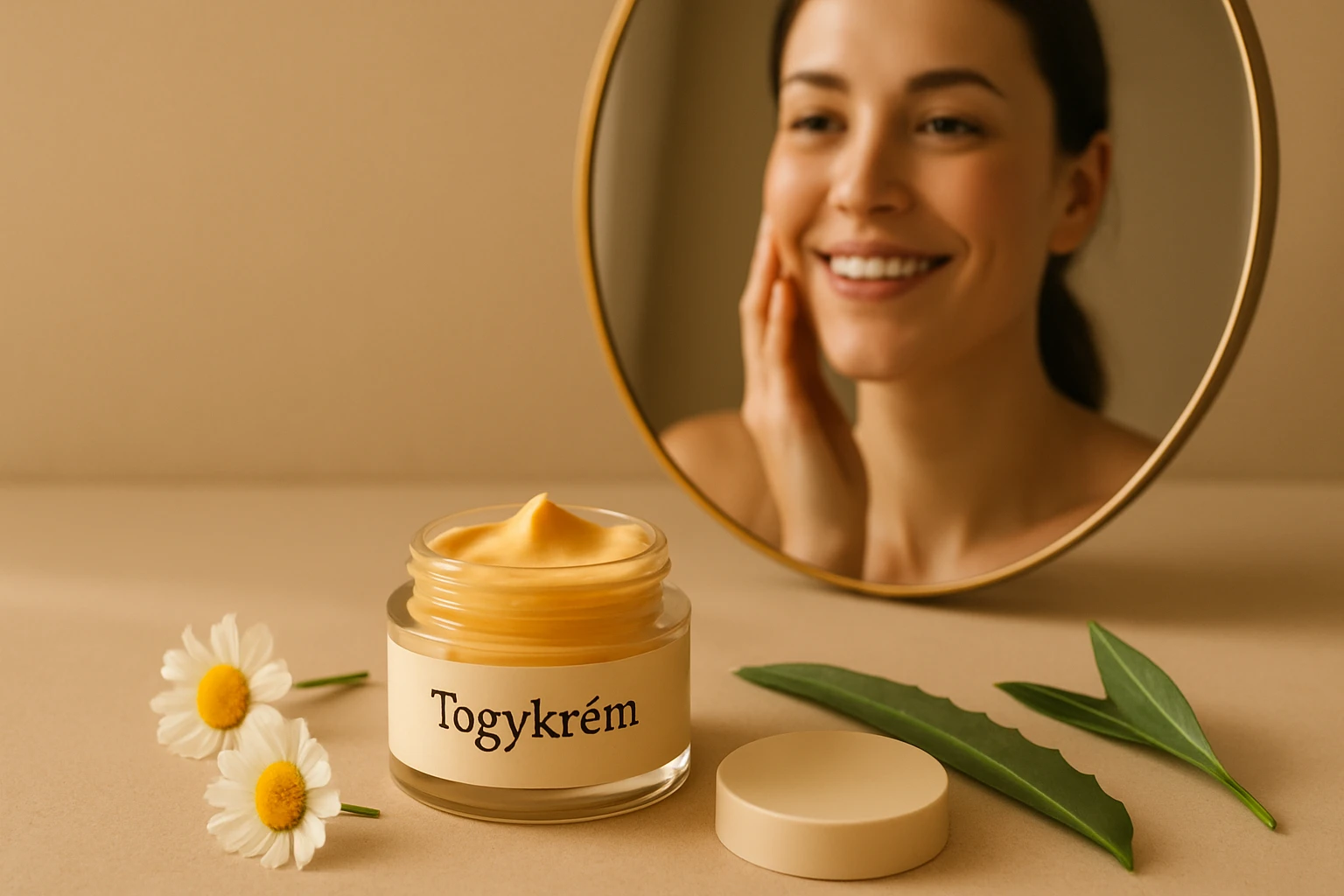 Egy nő mosolyogva néz a tükörbe, miközben arckrémet alkalmaz.