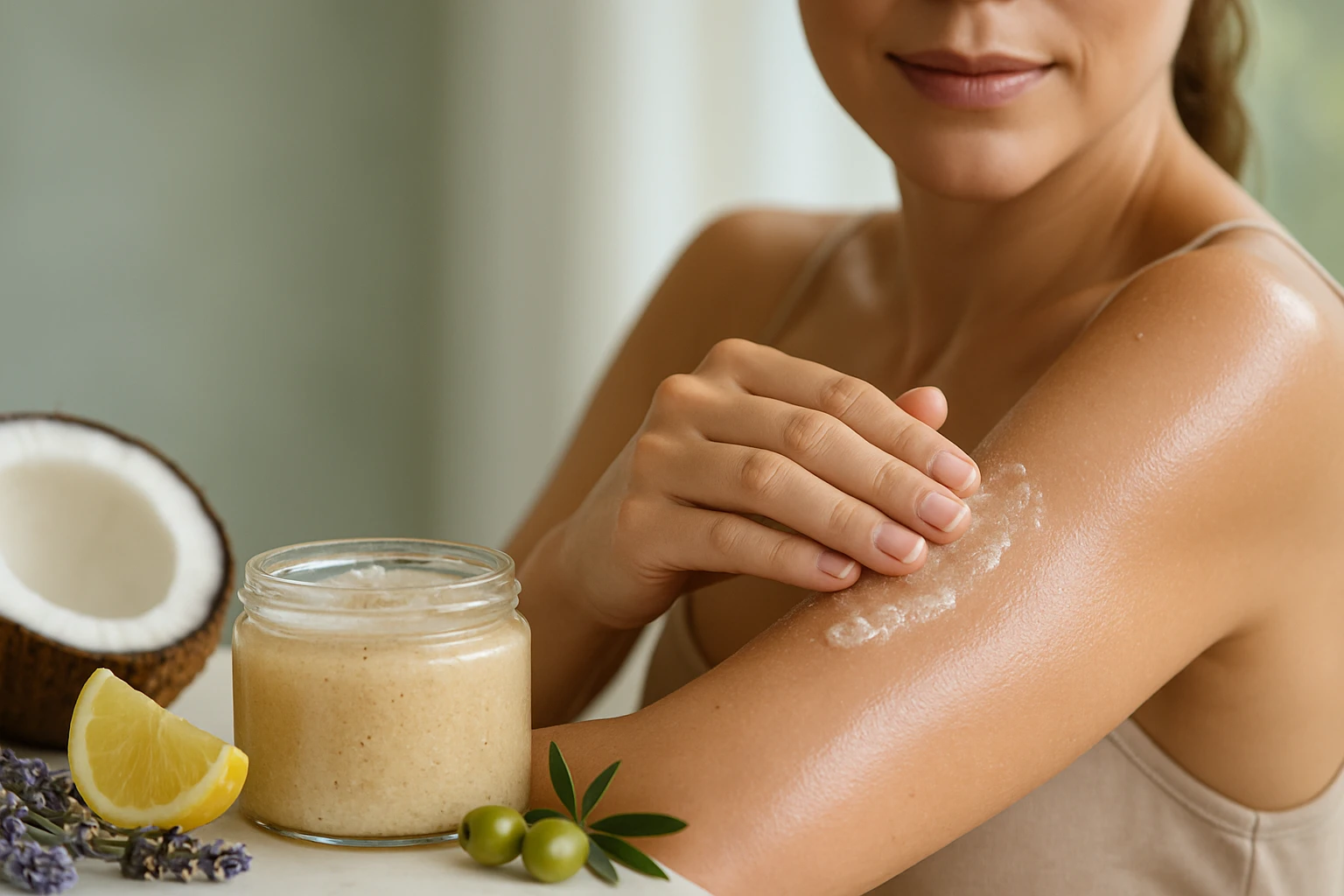 Egy nő a karján bőrradírt alkalmaz, mellette kókusz és citrom.