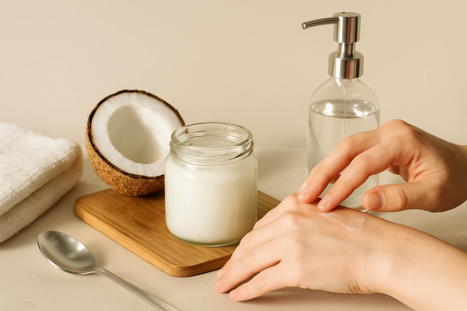 Kókuszolajjal és krémmel ápolt kéz, kókuszdió és üveg flakon mellett.