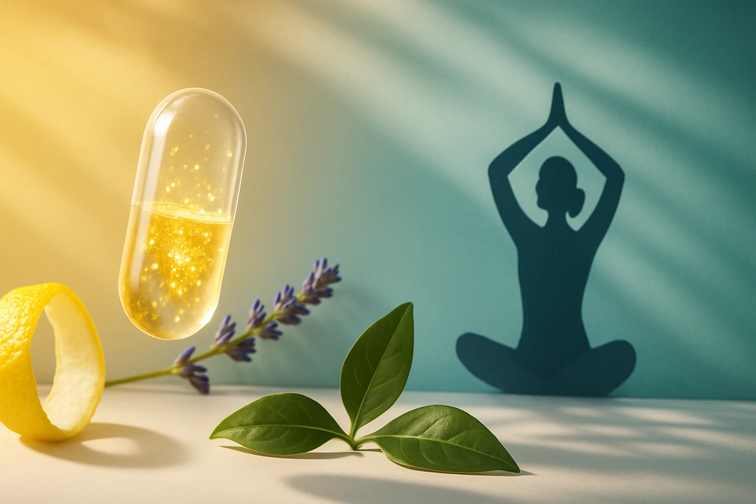 Egy lebegő kapszula, citromhéj, levendula és zöld levél háttérrel.