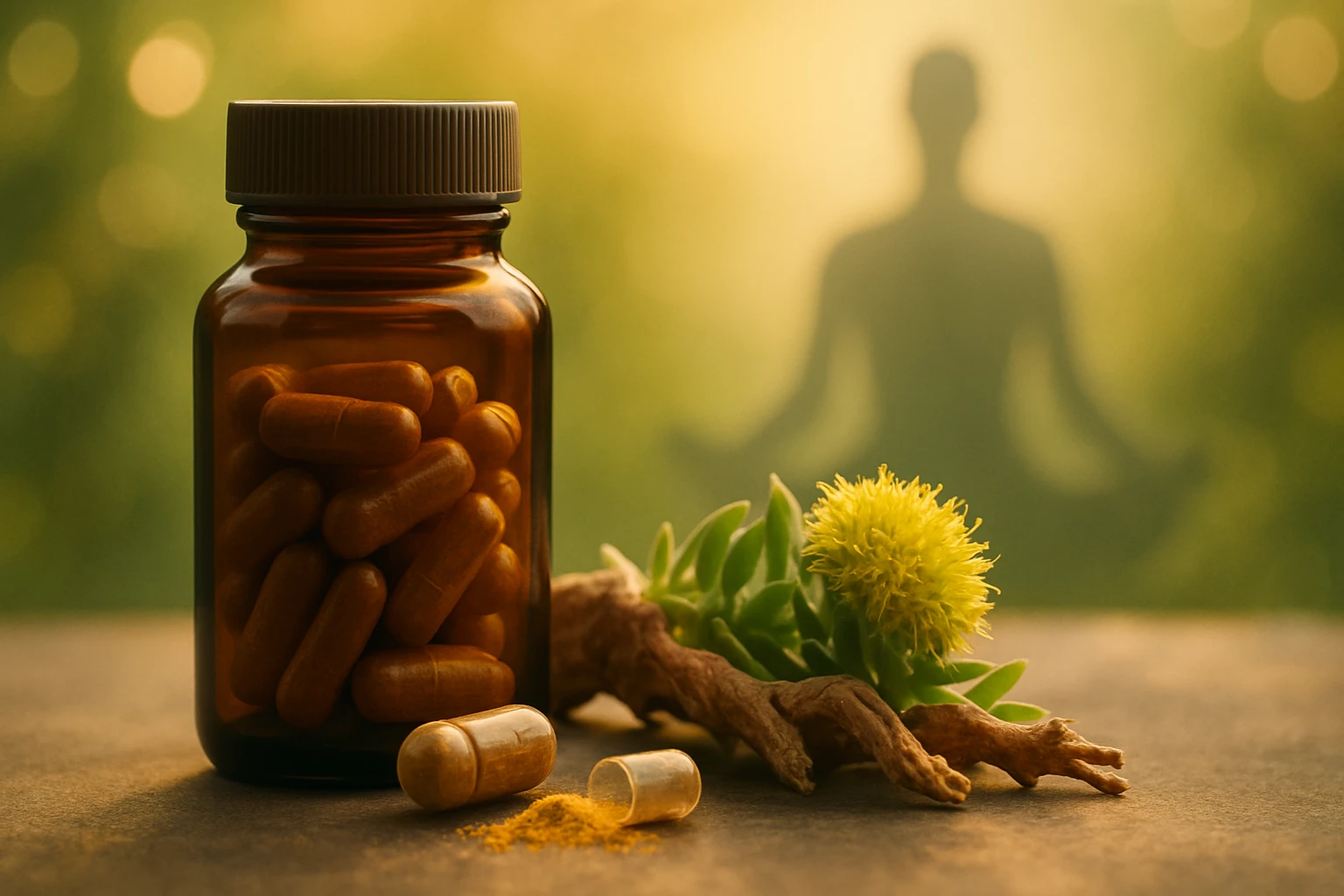 Egy barna üvegben tárolt étrend-kiegészítők, mellette gyógynövények és virágok.