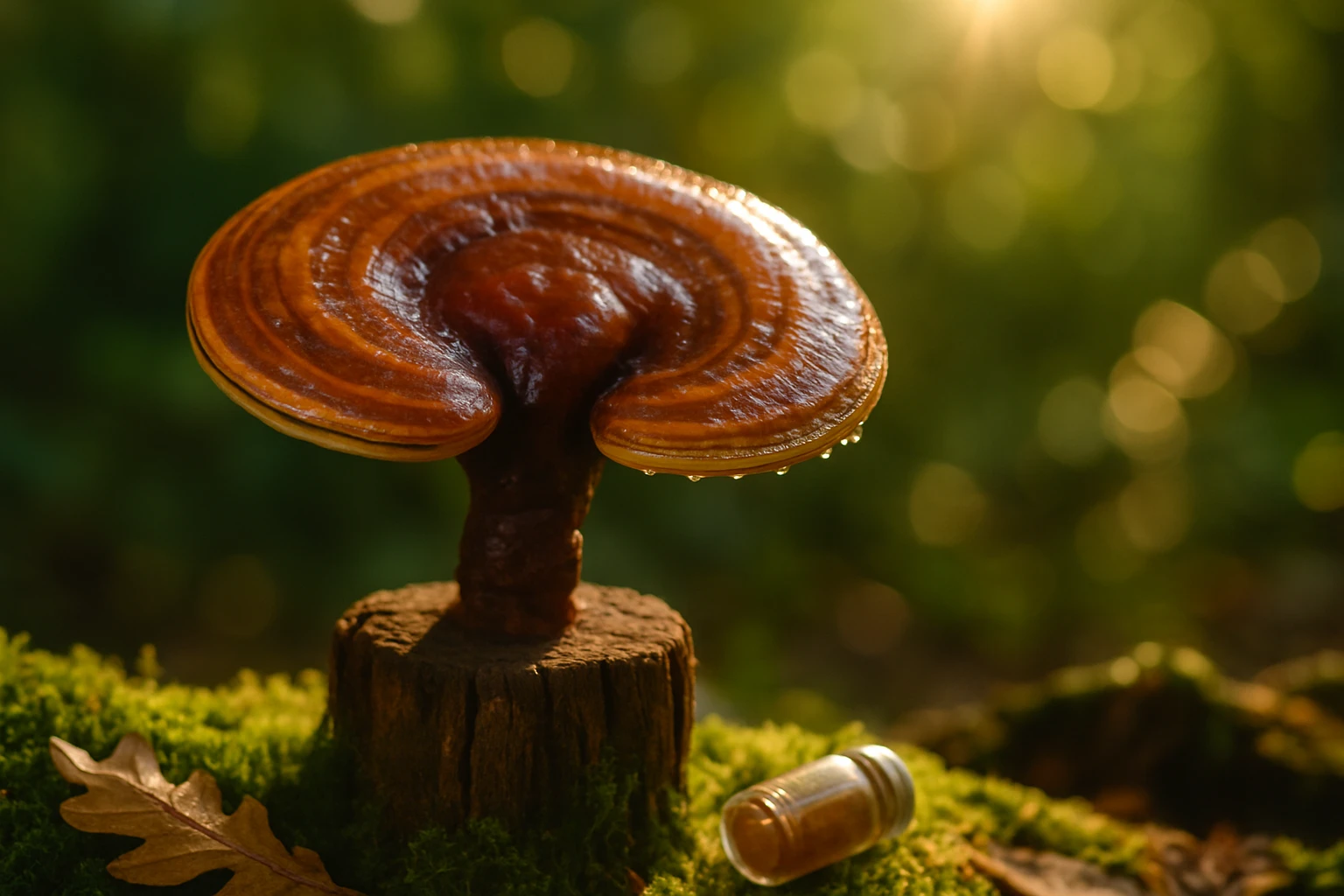 Egy gyönyörű, csillogó gomba áll egy fán, mellette egy üveg kapszula.