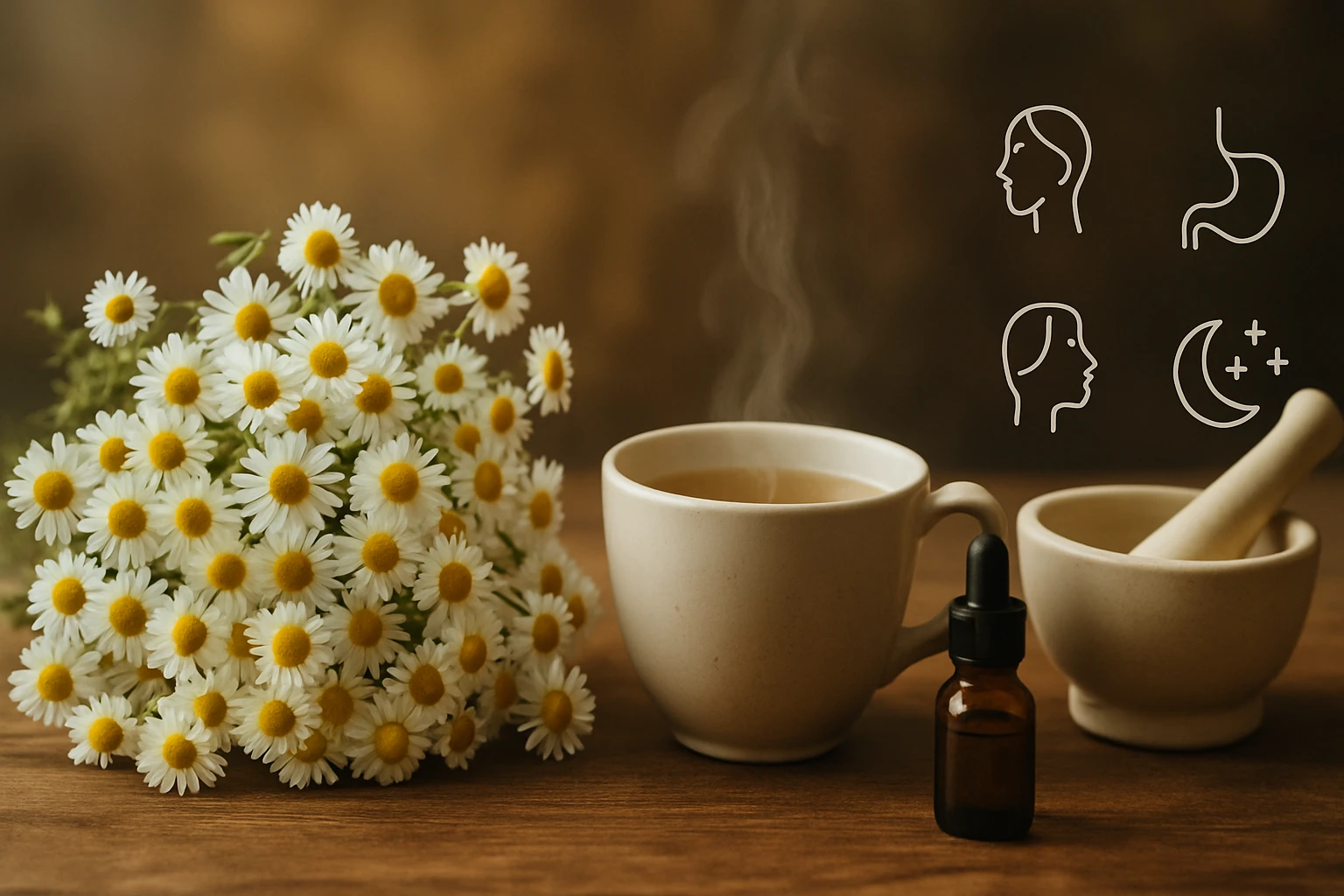 Friss kamillavirágok, gőzölgő tea és gyógynövényes olaj üveg egy asztalon.