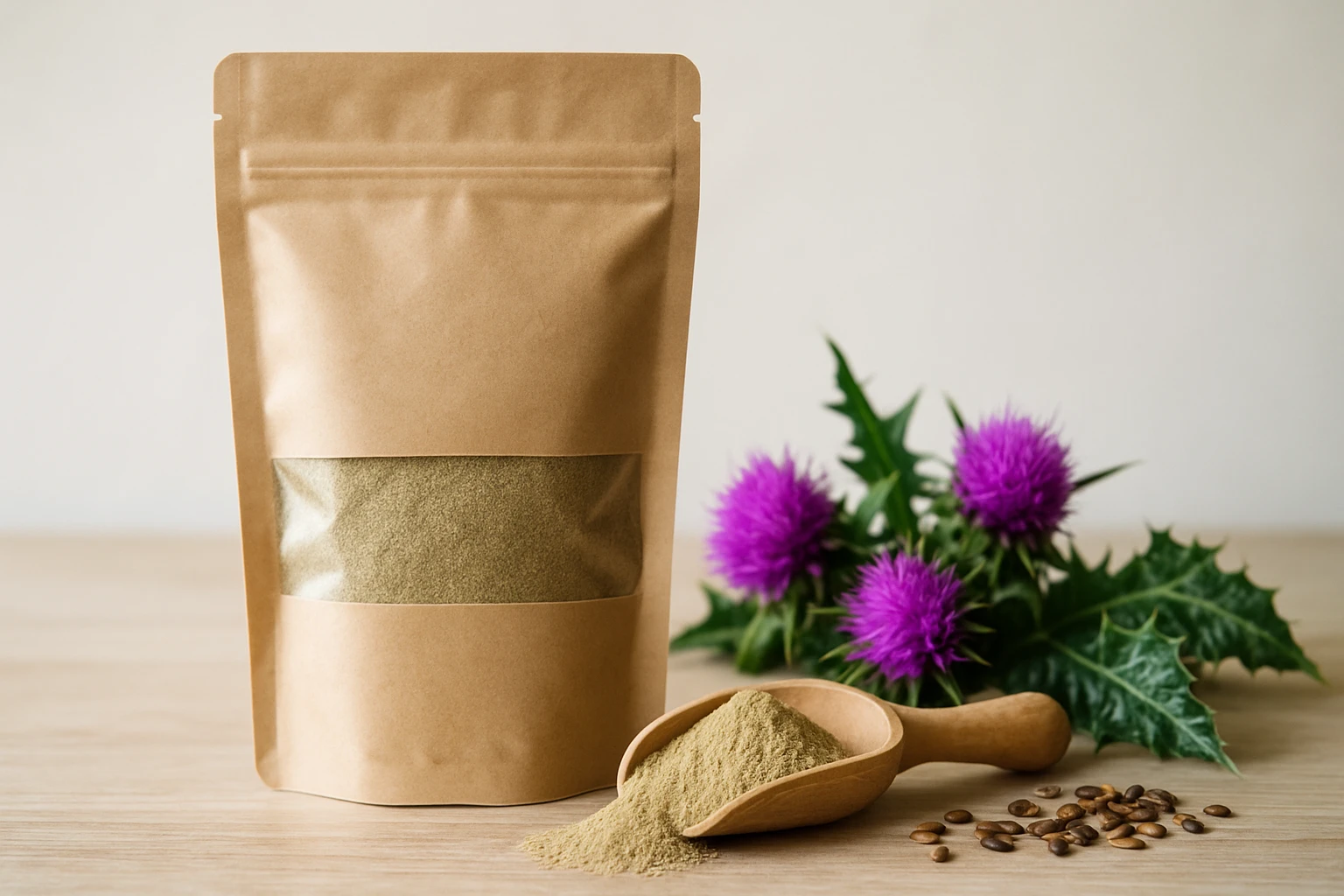 Egy barna papírzacskó, benne zöld por, mellette lila virágok és kávészemek.