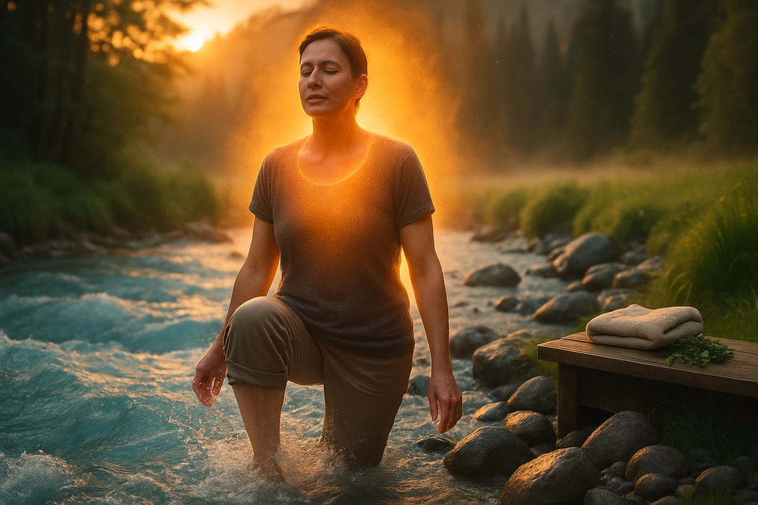 Egy nő térdel a folyóban, háttérben naplementével és fénnyel.