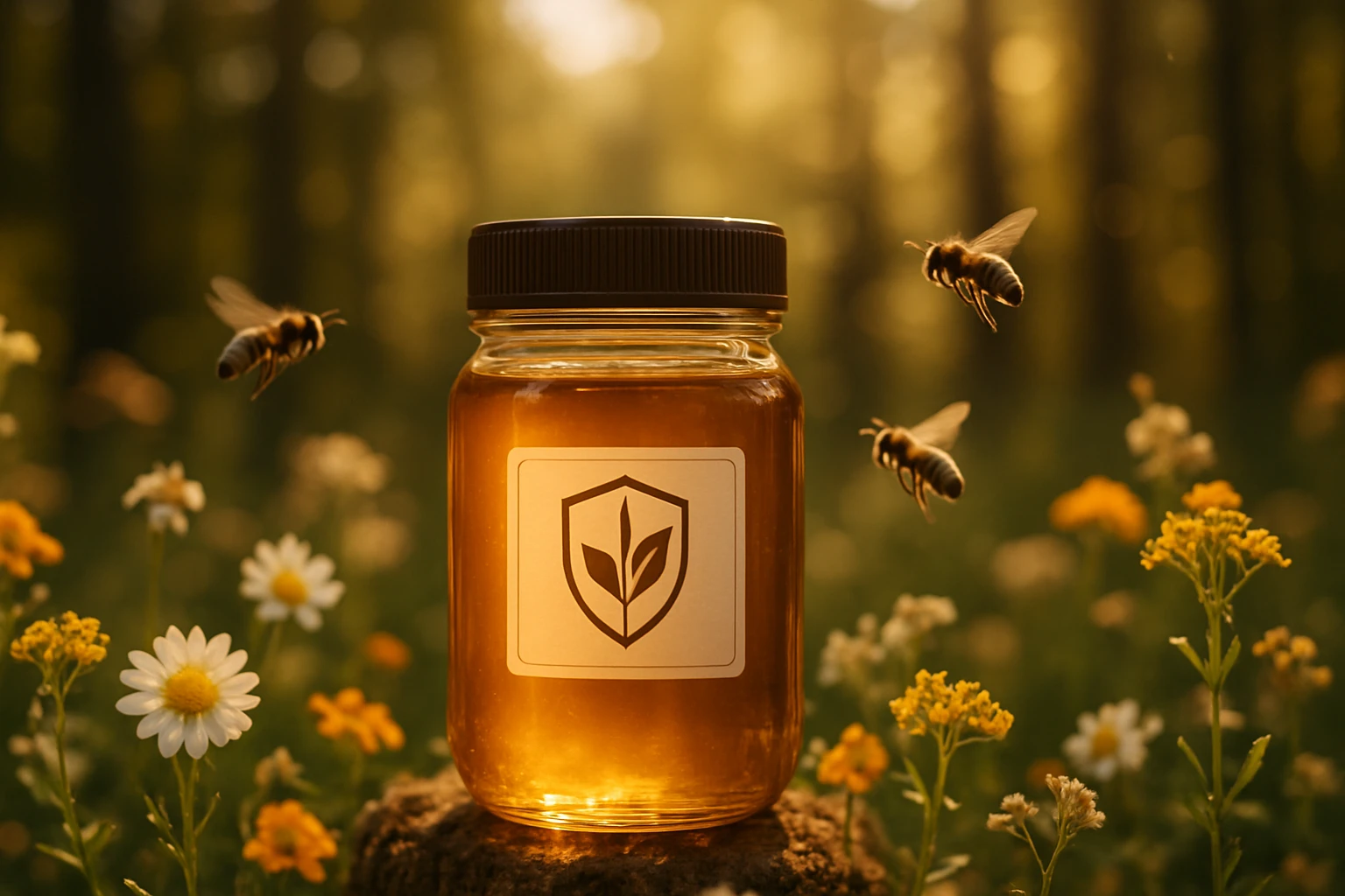 Egy üveg méz virágok között, méhekkel a háttérben, napfényben.