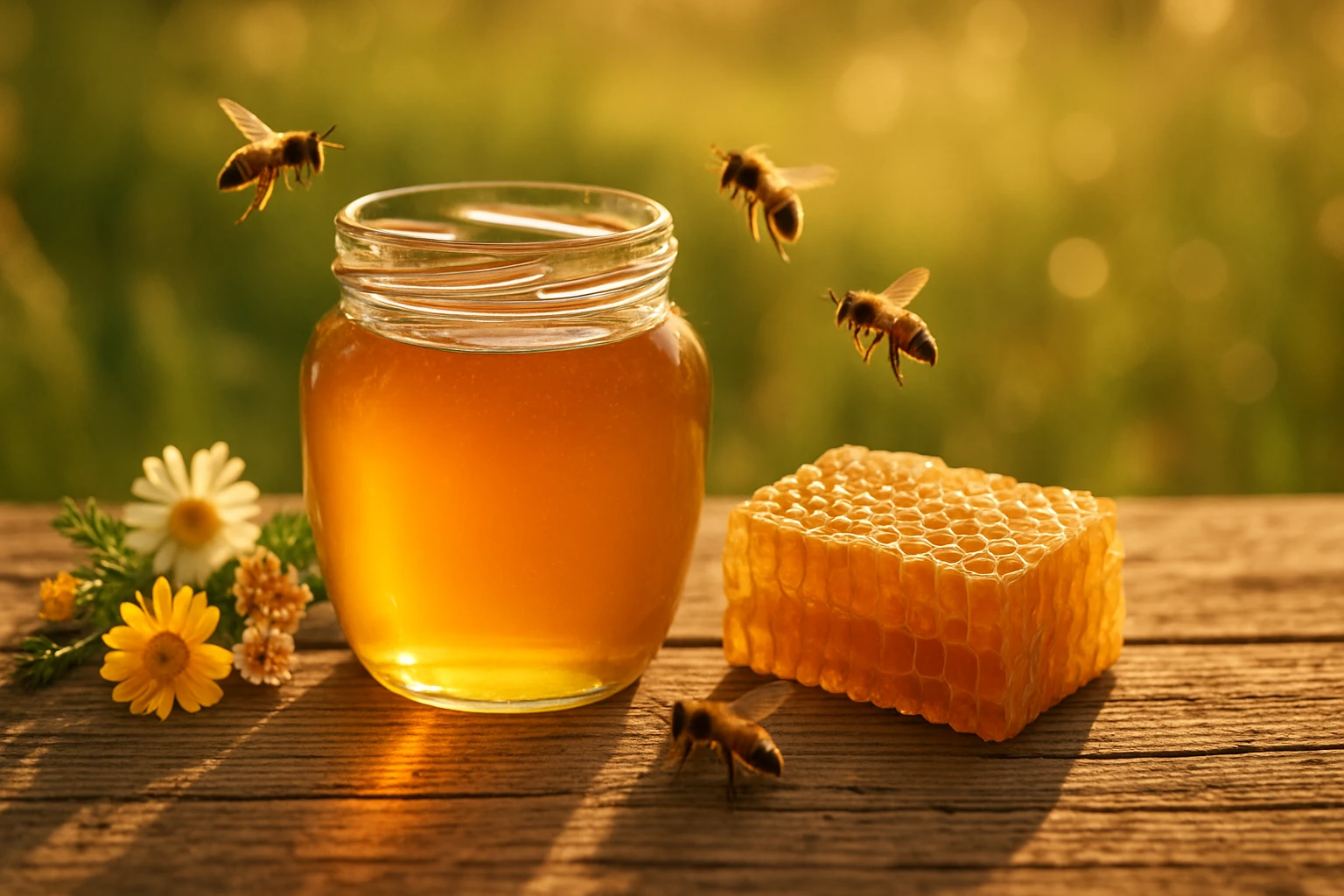 Egy üveg méz, mellette méhsejt és méhek repkednek a napfényben.