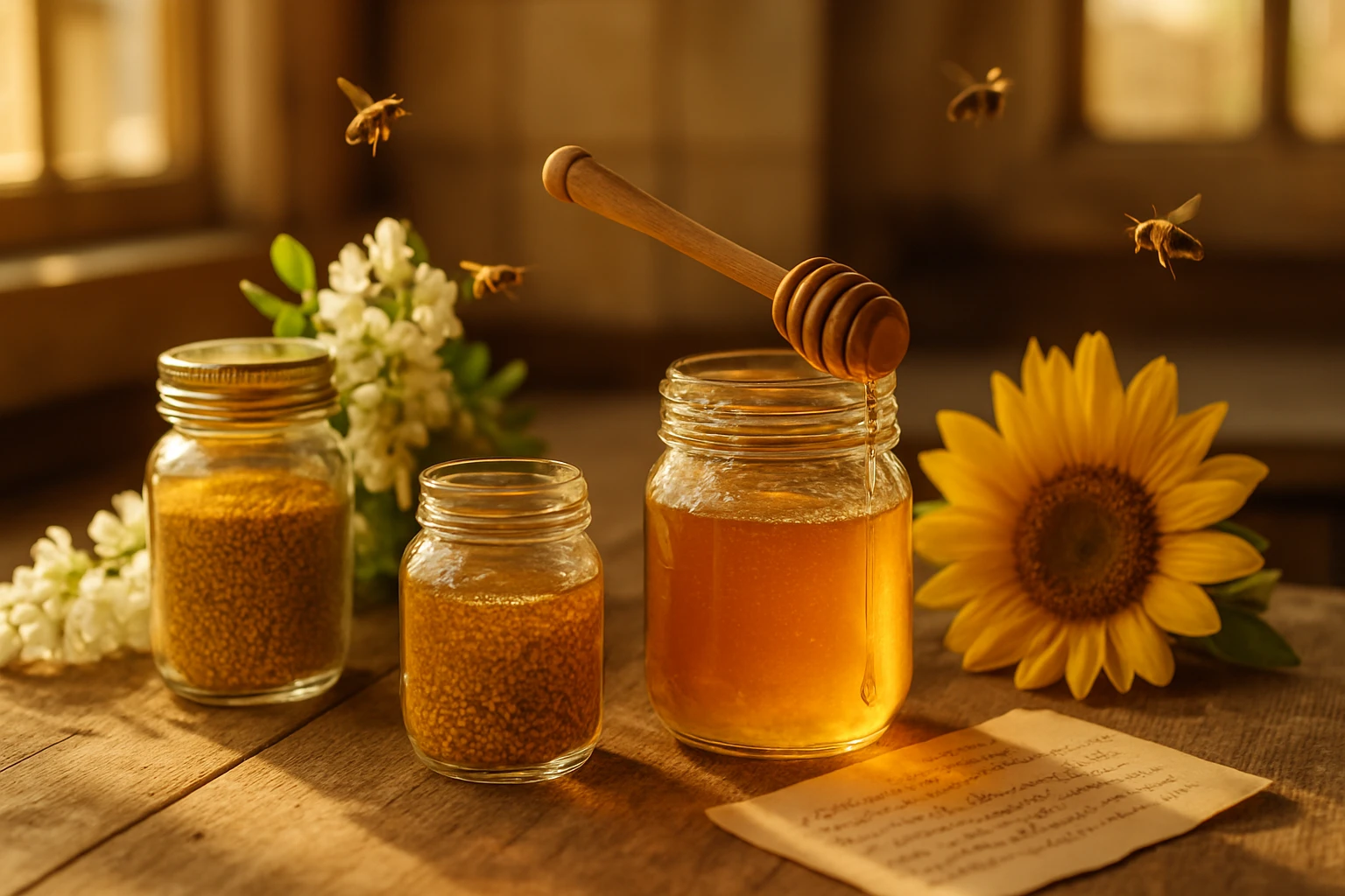 Két üveg méz és virágok egy fából készült asztalon, méh repül a közelben.