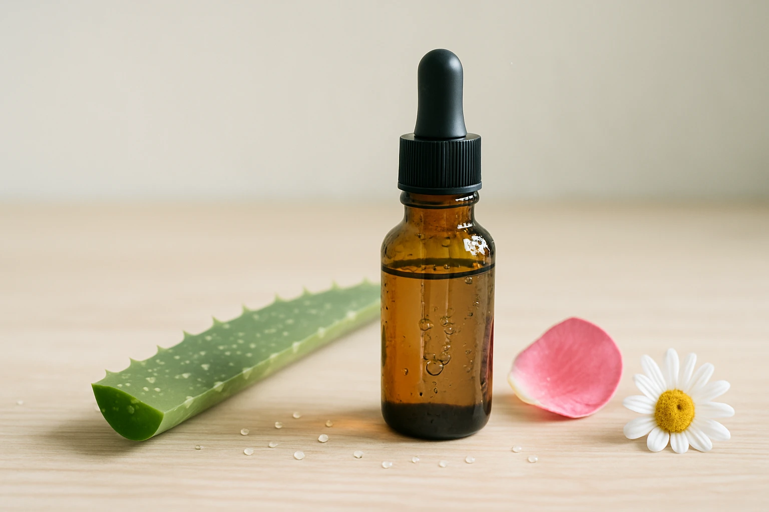 Egy üveg olaj cseppentővel, mellette aloe vera levél, rózsaszirom és kamilla virág.