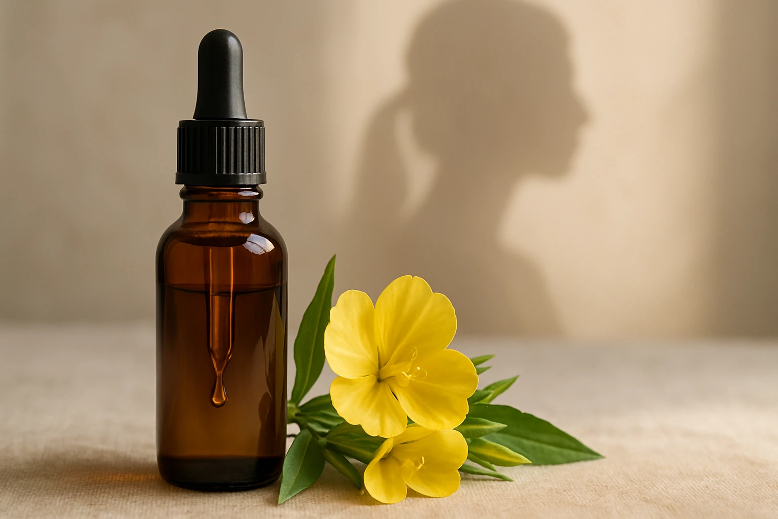 Egy barna üveg cseppentő, mellette sárga virágok és zöld levelek.