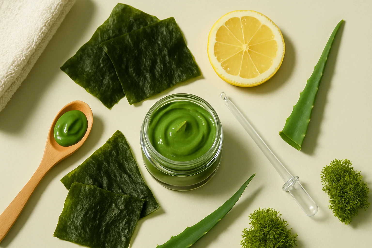 Zöld színű arckrém, algalapok, citrom és aloe vera levél körül.