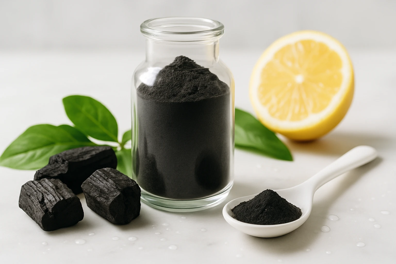 Egy üvegben fekete por, mellette citrom és zöld levél, feketére égetett fa darabokkal.