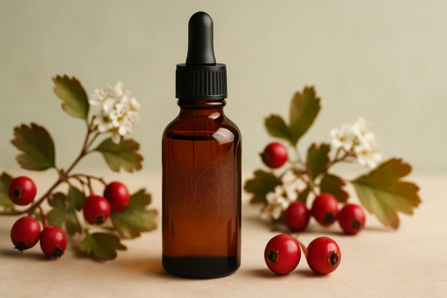 Barna üveg cseppentő, körülötte piros bogyók és zöld levelek.