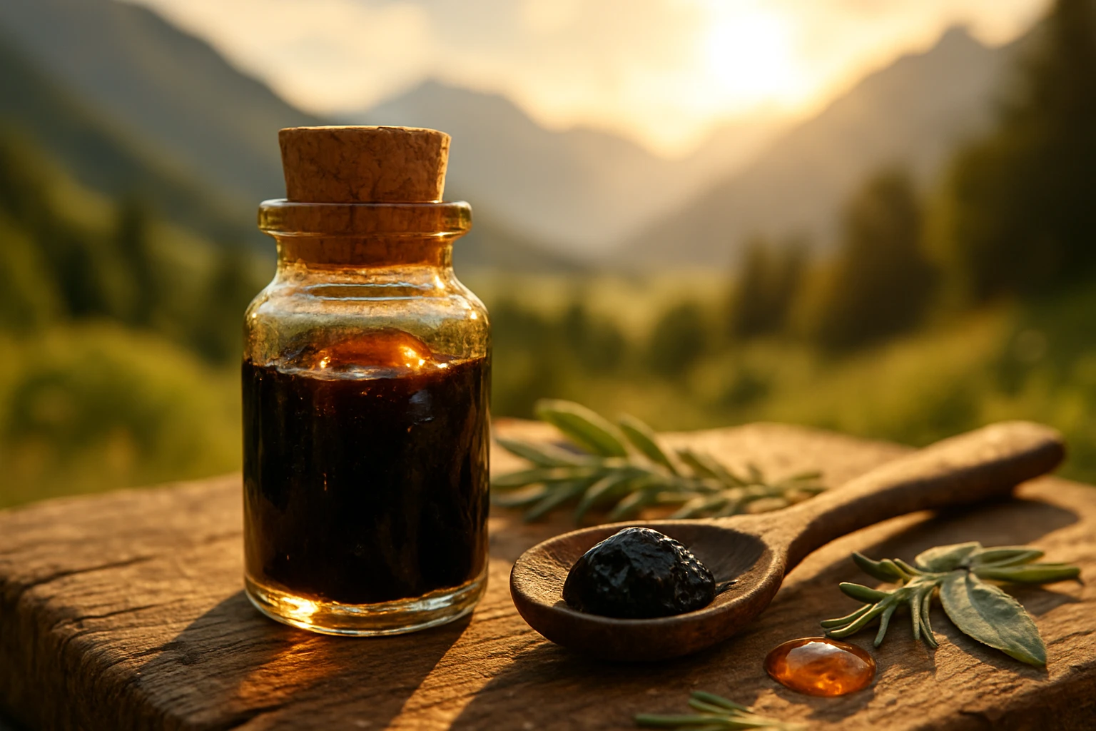 Egy üveg sötét színű folyadék, mellette fakanálban egy golyó alakú anyag, háttérben hegyek.