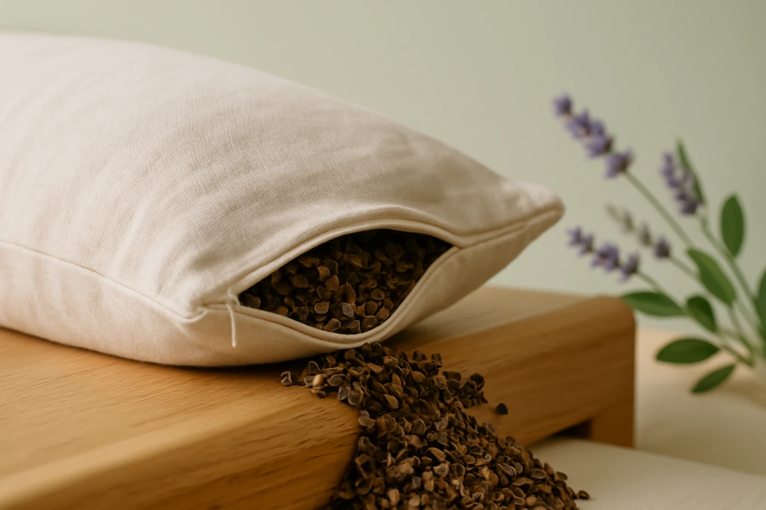 Egy nyitott párna, amelyből magok hullanak ki, egy fából készült felületen.