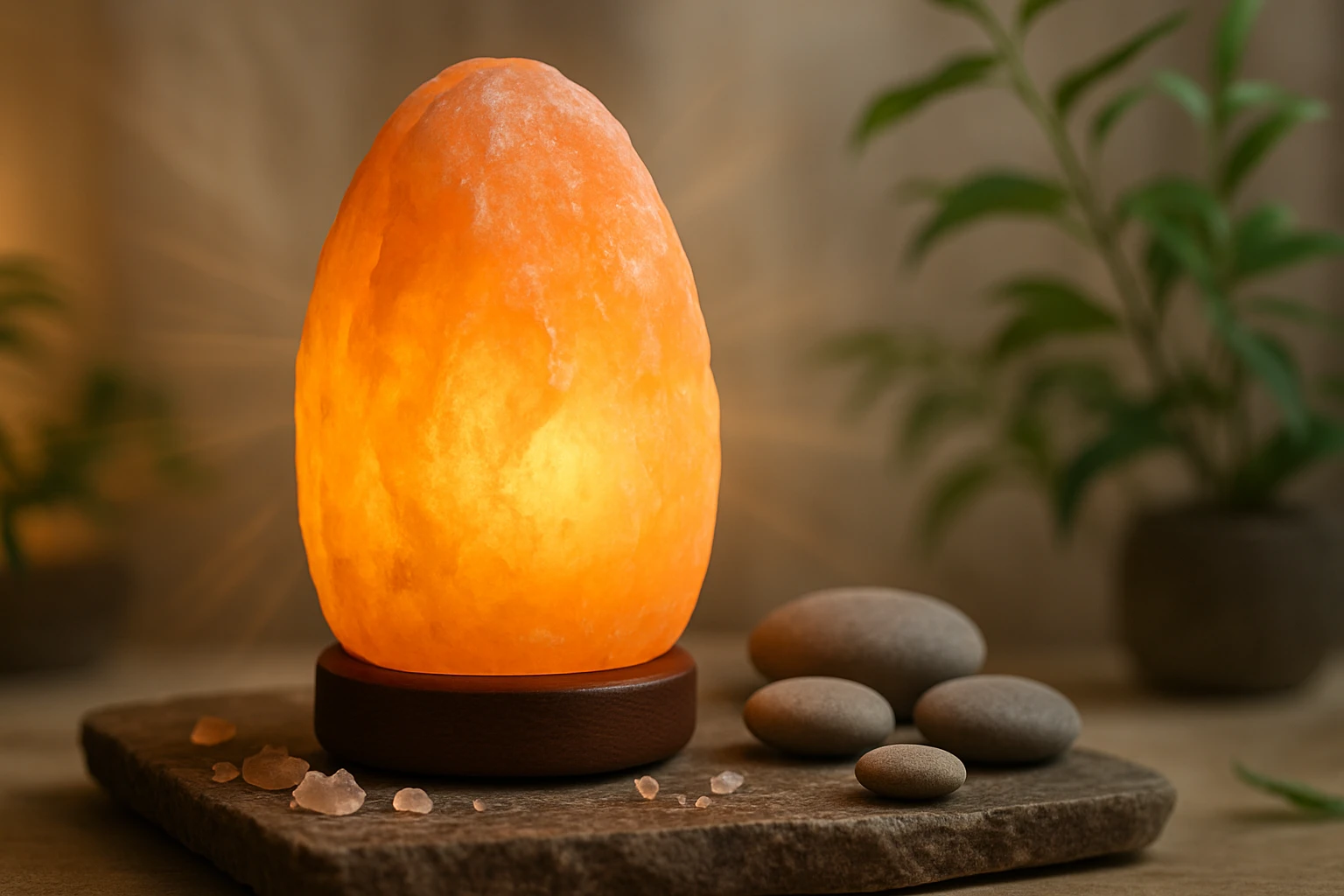 Egy világító sólámpa, amely meleg narancssárga fényt áraszt, kövek mellett.