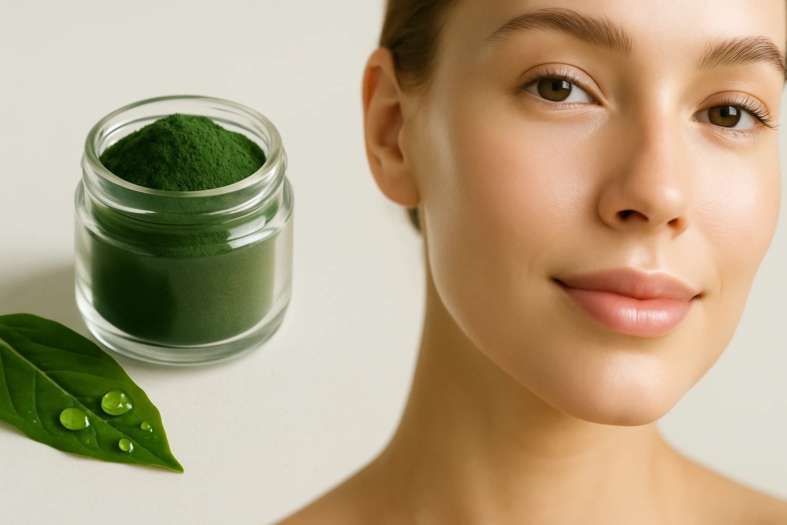 Egy fiatal nő arca, mellette zöld por egy üvegben és levél.