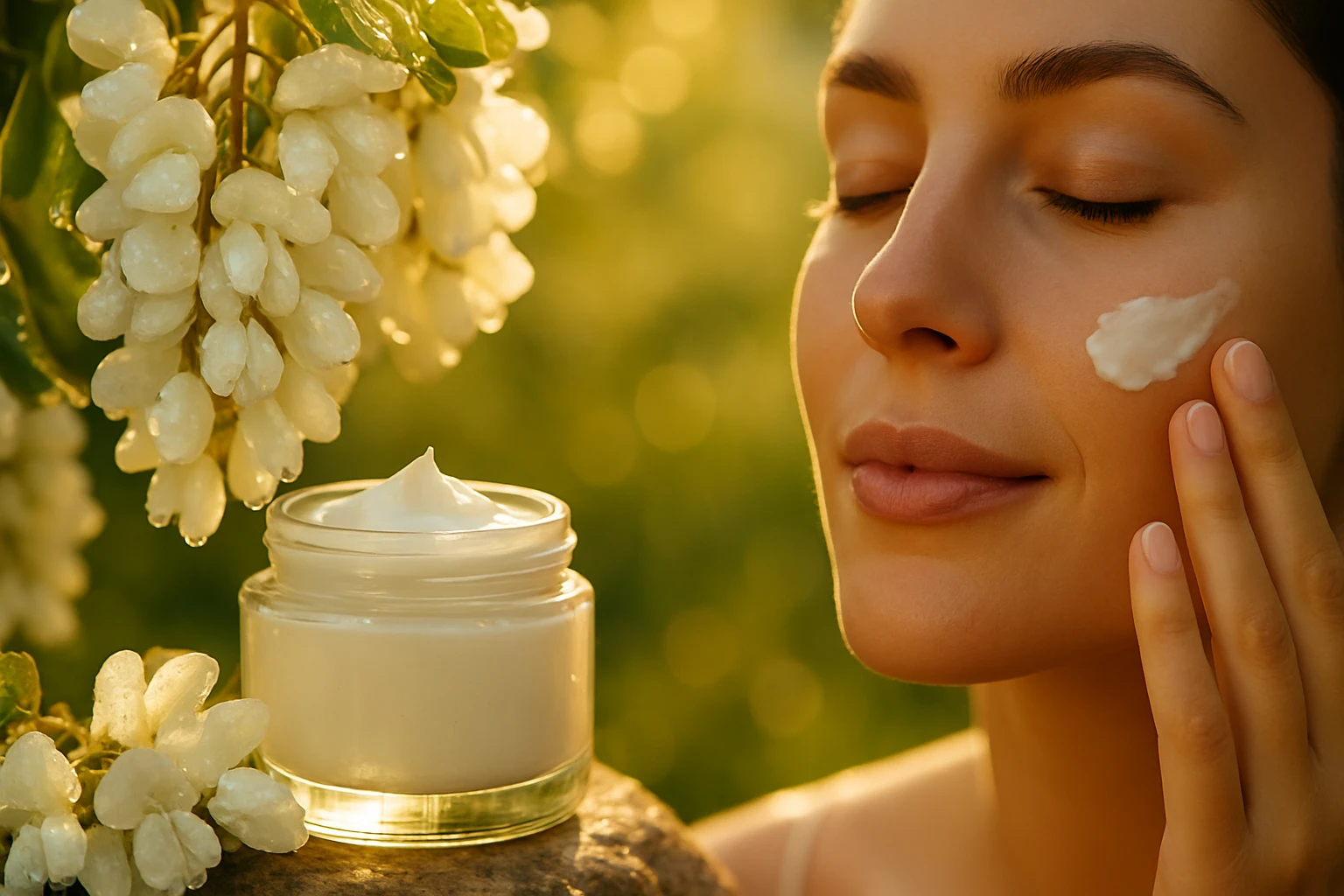 Egy nő arcbőrére krémet visz fel, miközben virágok között áll.