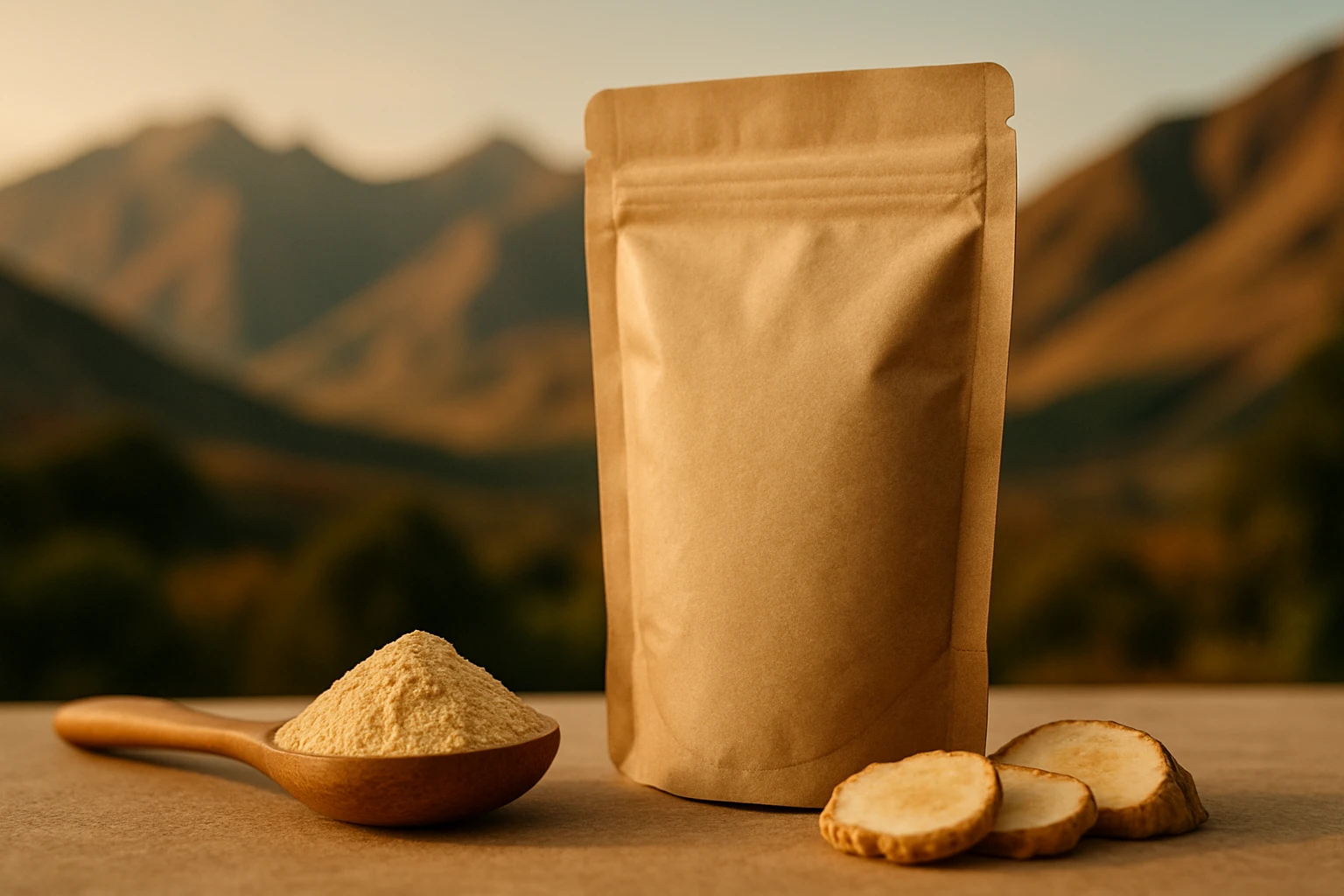 Egy barna papírzacskó, mellette egy fakanálon por és néhány szeletelt gyökér látható.