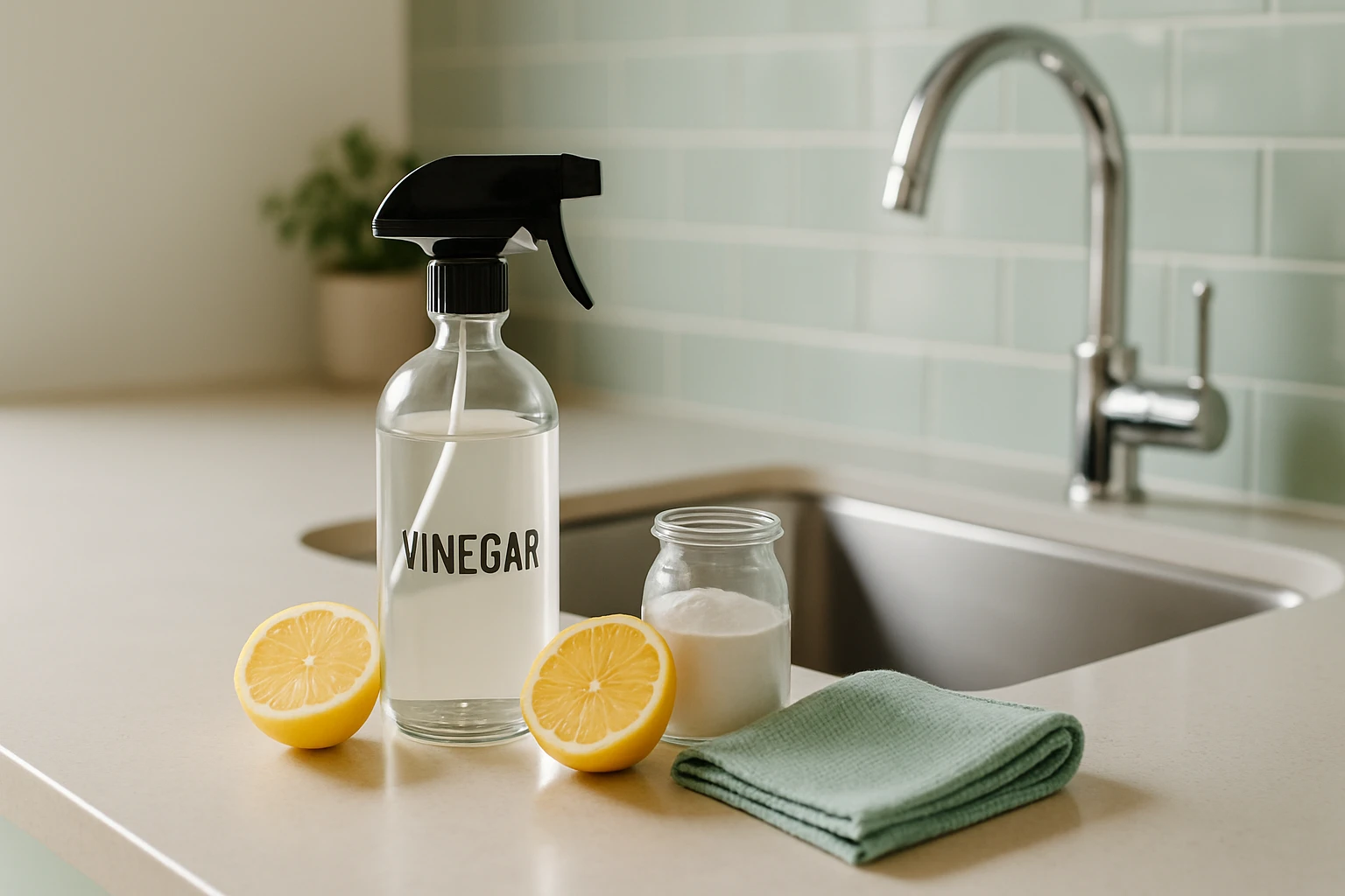 Egy konyhai munkafelületen ecetes spray, citromok és tisztítókendő látható.