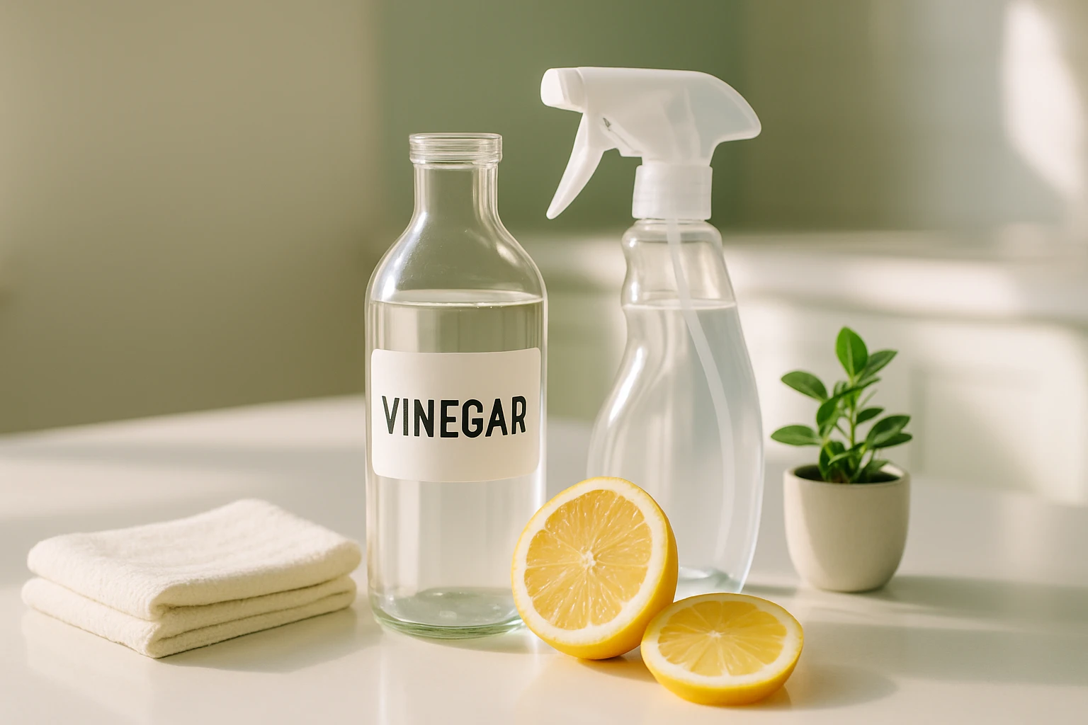 Egy üveg ecet, citromok és egy spray palack egy tisztító asztalon.