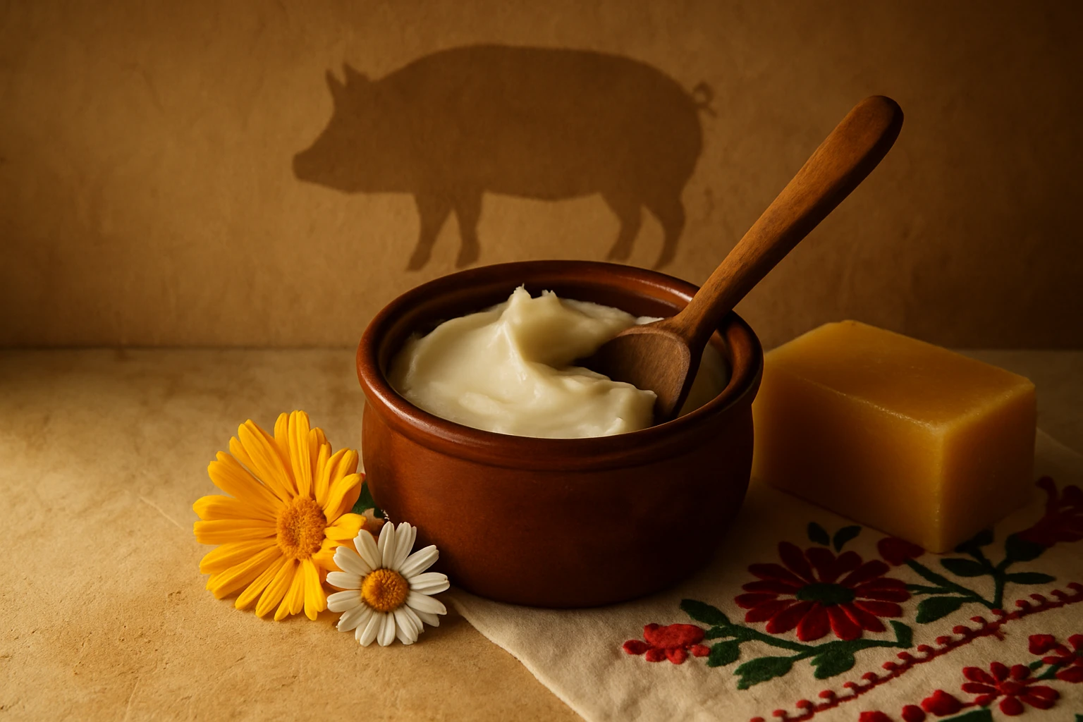 Egy barna kerámia tálban krémes állagú zsírszerű anyag, mellette virágok és egy sárga szappan.