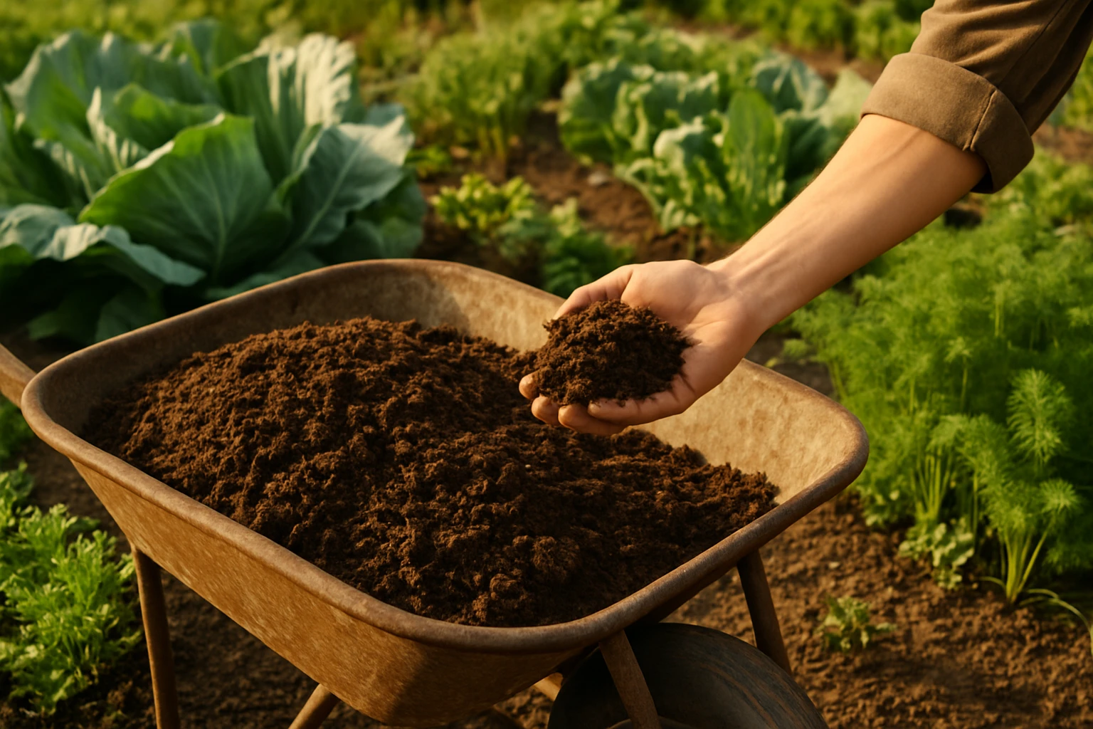 Kertész kezében föld, háttérben zöldségek és káposzta.