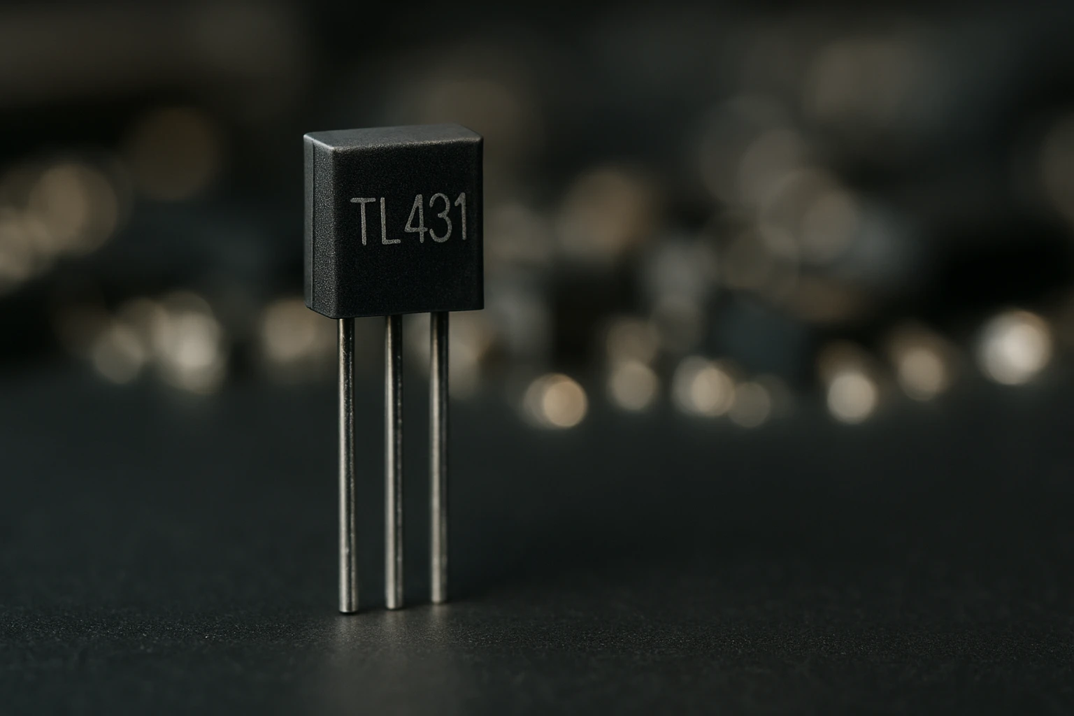Egy TL431 típusú integrált áramkör, fekete háttér előtt, éles fókuszban.