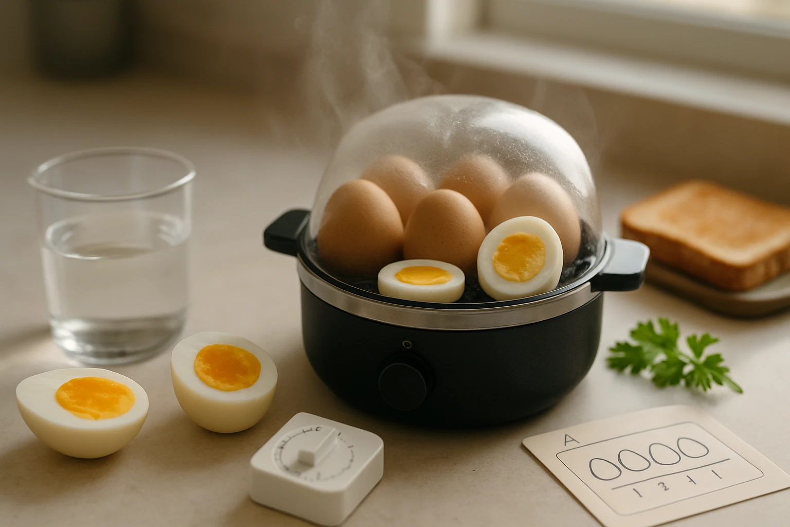 Egy tojásfőző, benne főtt tojások, mellettük félbevágott tojások és egy pohár víz.
