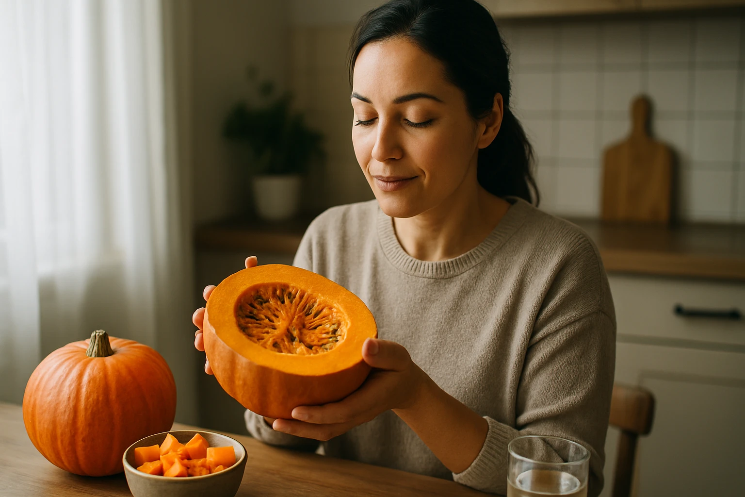Egy nő egy félbevágott tököt tart a kezében, mosolyogva nézi.