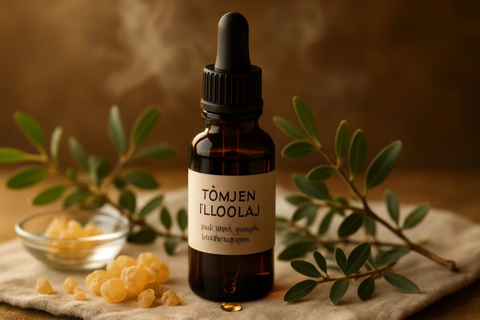 Tömjén illóolaj üvegpalack, mellette tömjéngyanta és zöld levelek.