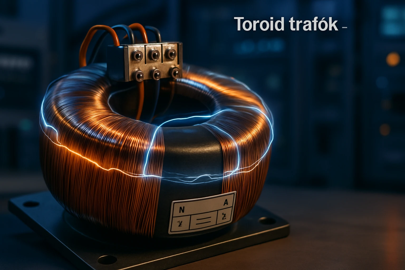Egy toroid trafó, amelyen elektromos áram látható, részletesen megjelenítve.
