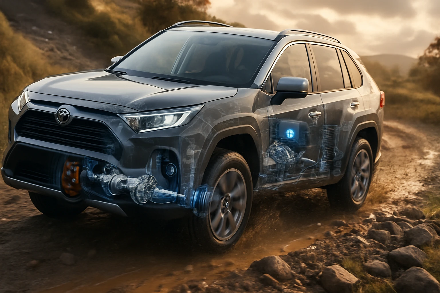 Egy Toyota RAV4 terepjáró, amelynek oldalán látható a motor és a hajtáslánc részletes ábrázolása.