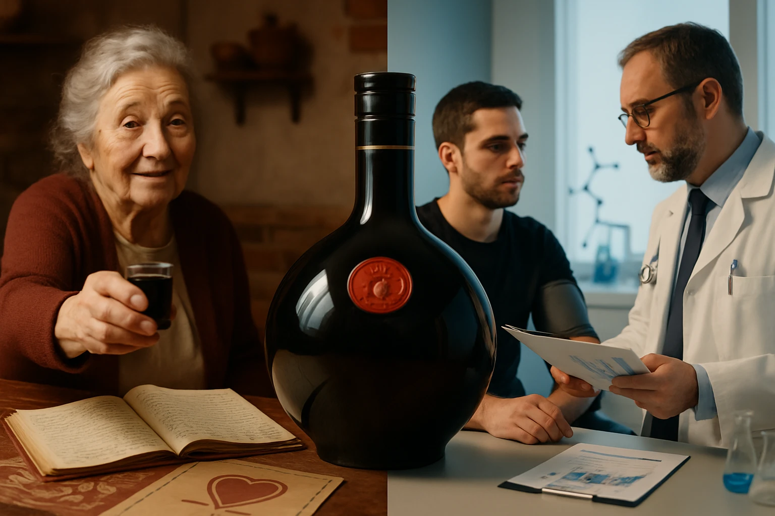 Idős nő pohárral a kezében, mellette egy nagy üveg ital és egy nyitott könyv.