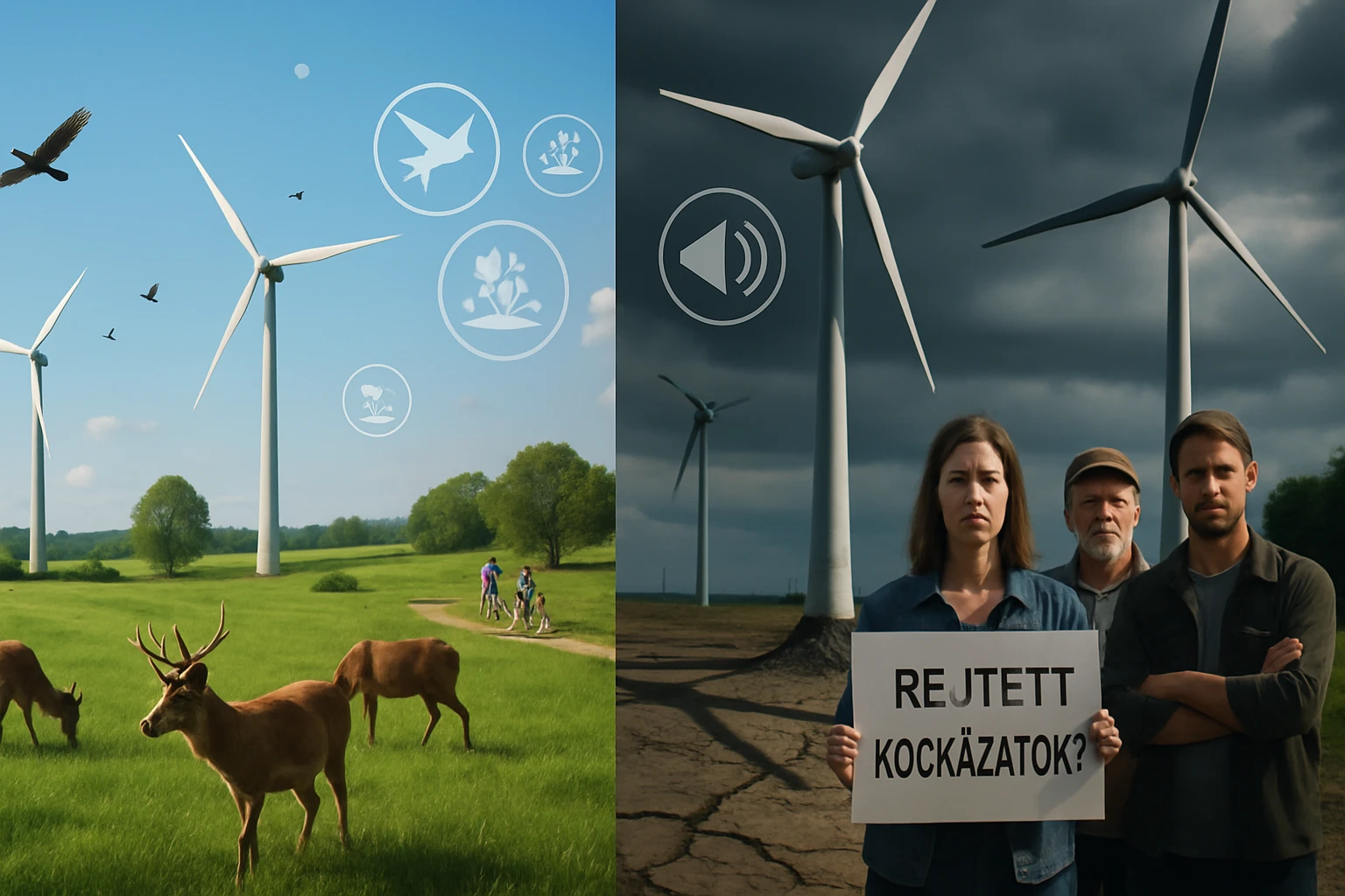 Szélkerék és természetvédelmi szimbólumok, emberek tüntetnek.