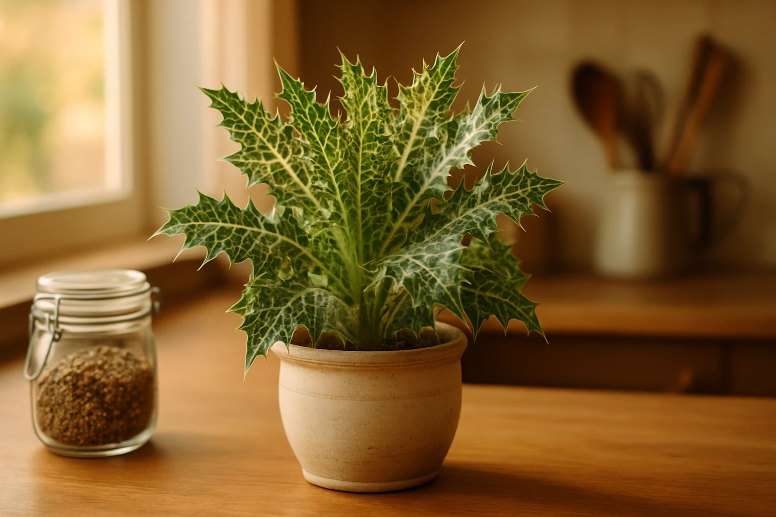 Egy zöld, tüskés levelű növény egy világos cserépben, fa asztalon.
