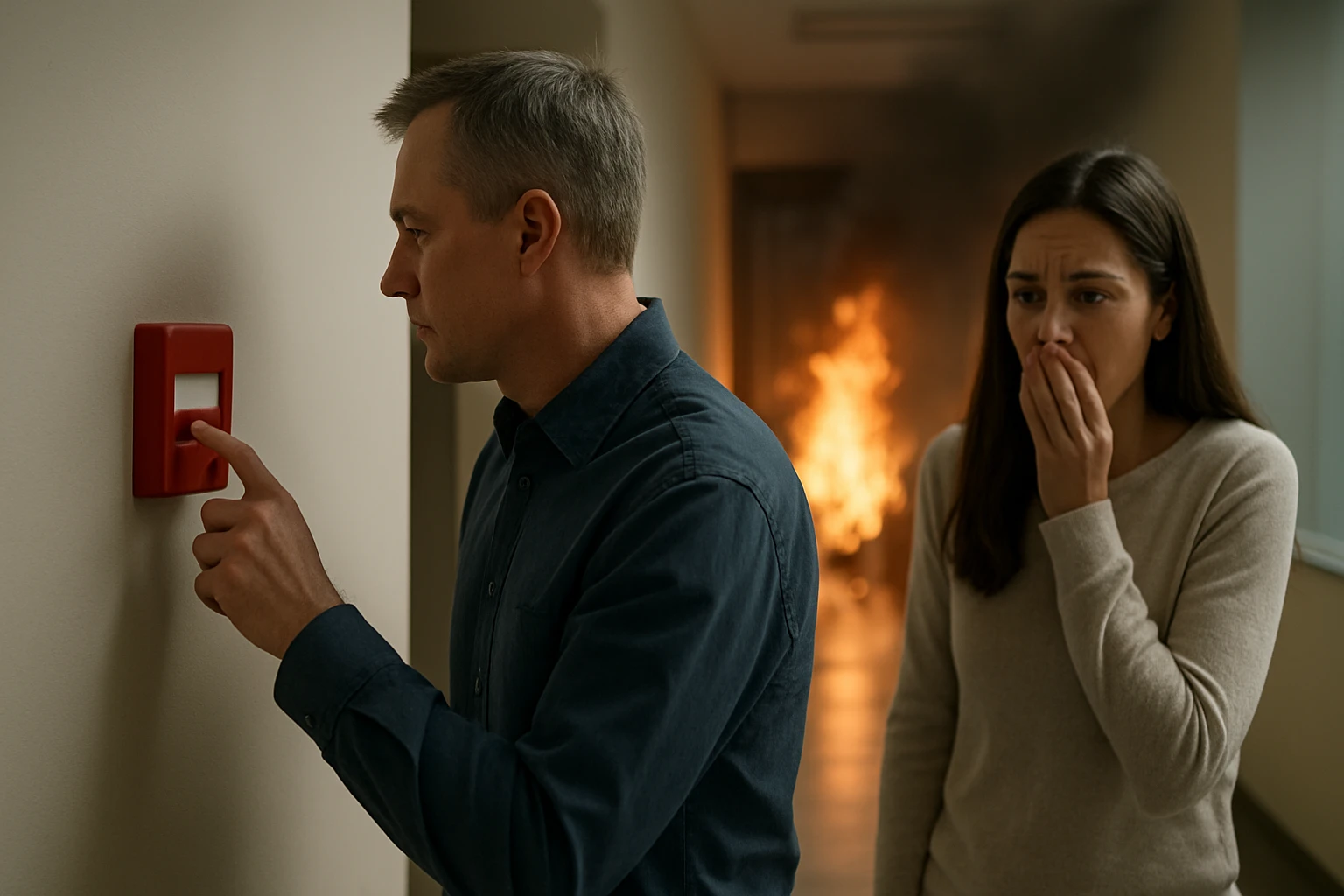 Egy férfi tűzjelzőt aktivál, míg egy nő ijedten figyeli a lángokat.