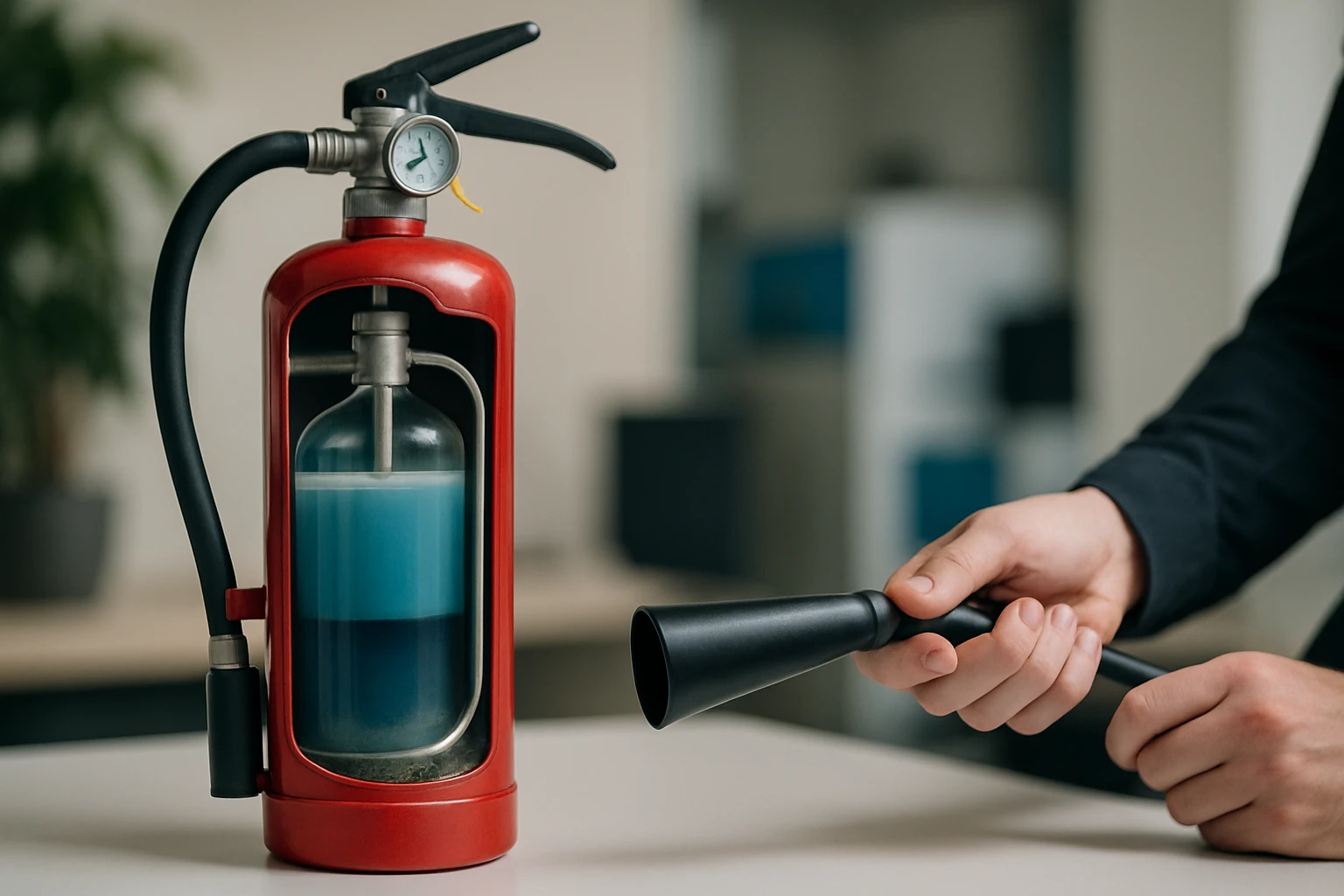 Egy piros tűzoltó készülék, kék folyadékkal, kézben tartott fúvókával.