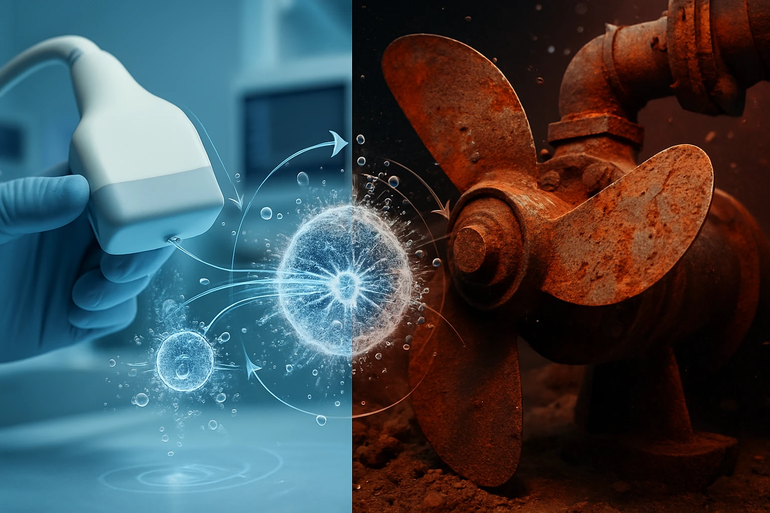 Egy ultrahangos készülék és egy rozsdás vízszivattyú részletei, tudományos és ipari kontextusban.