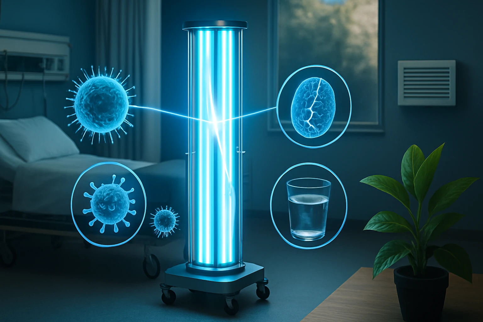 Egy kórházi szobában látható UV-fényterápiás eszköz, amely vírusokat és baktériumokat céloz meg.