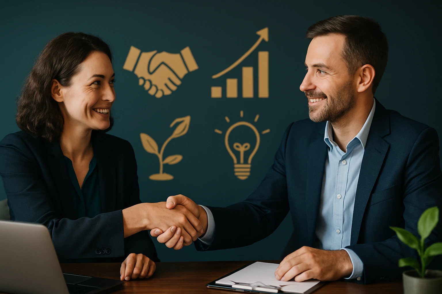 Két üzletember kezet fog, háttérben üzleti grafikonok és növények.