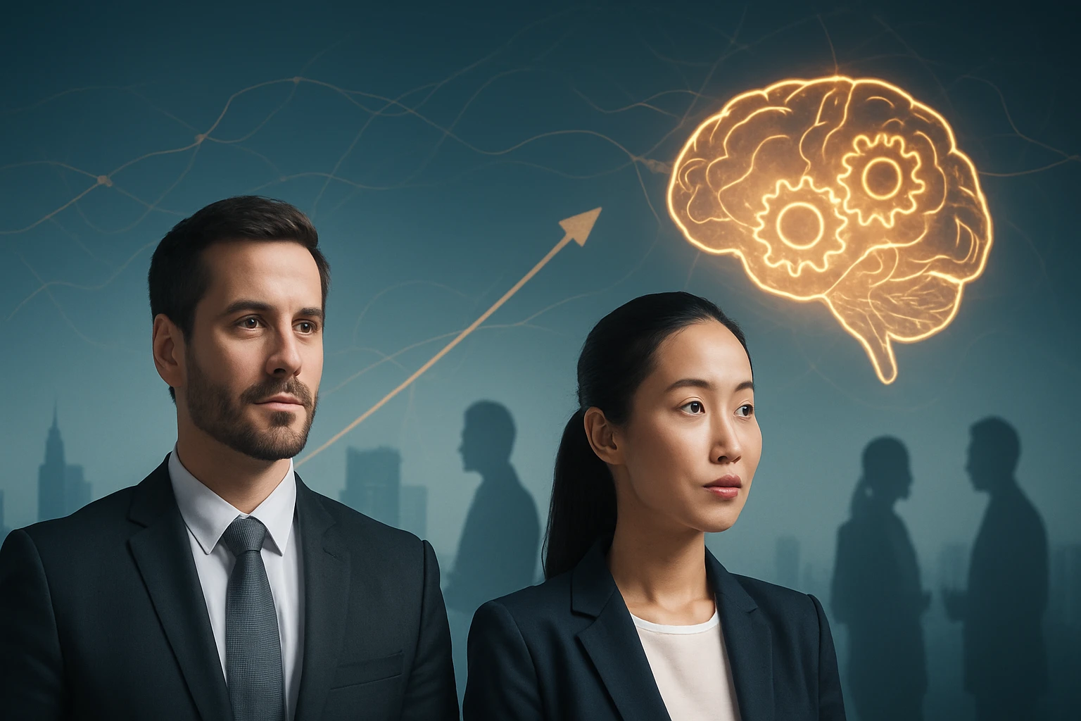 Két üzletember, háttérben agy és fogaskerekek szimbólumával.