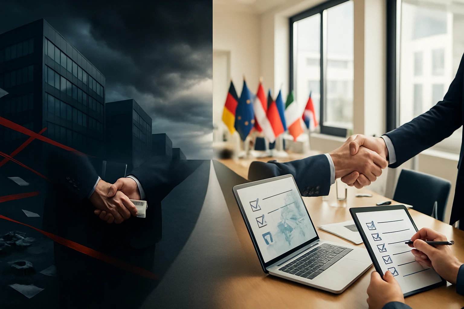 Két üzletember kezet fog, háttérben sötét felhők és irodai környezet.