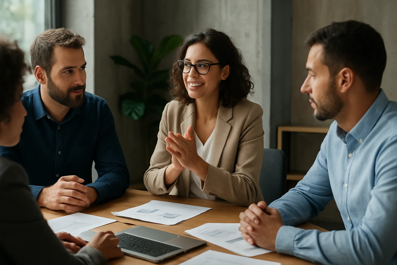 Négy felnőtt, üzleti öltözetben ül egy asztalnál, beszélgetnek.