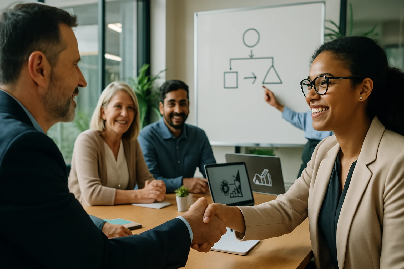 Két üzletember kezet fog egy megbeszélés során, miközben mások figyelnek.