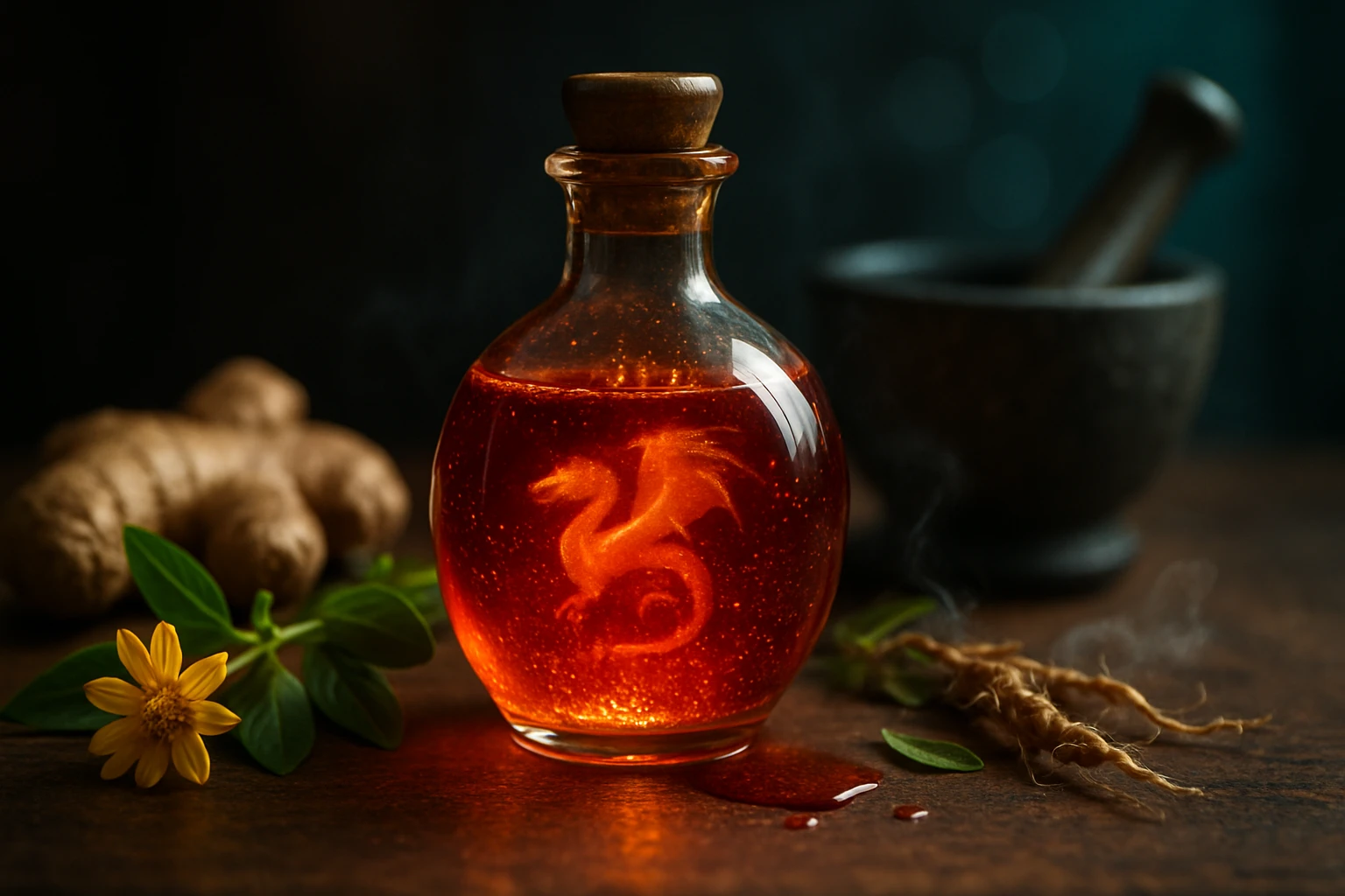 Egy üveg vörös folyadék, amelyben sárkány motívum látható, körülötte gyömbér és gyógynövények.